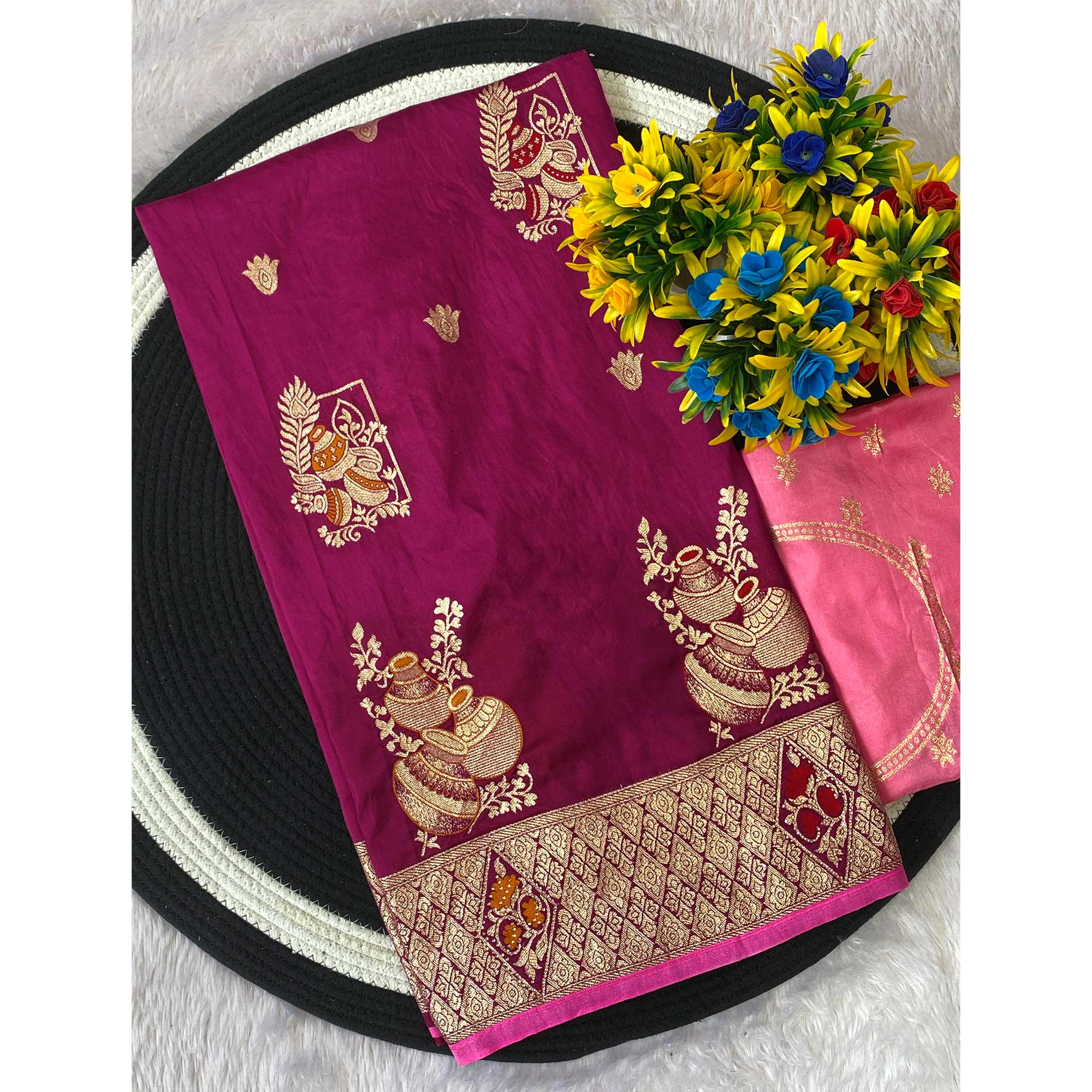 Wine Dola Silk Saree With Intricate Floral Zari Weaving Elegance
