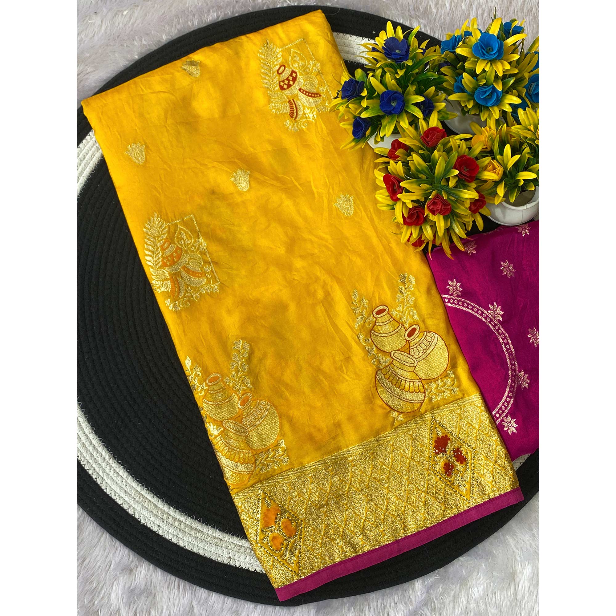 Yellow Dola Silk Saree With Intricate Floral Zari Weaving Elegance