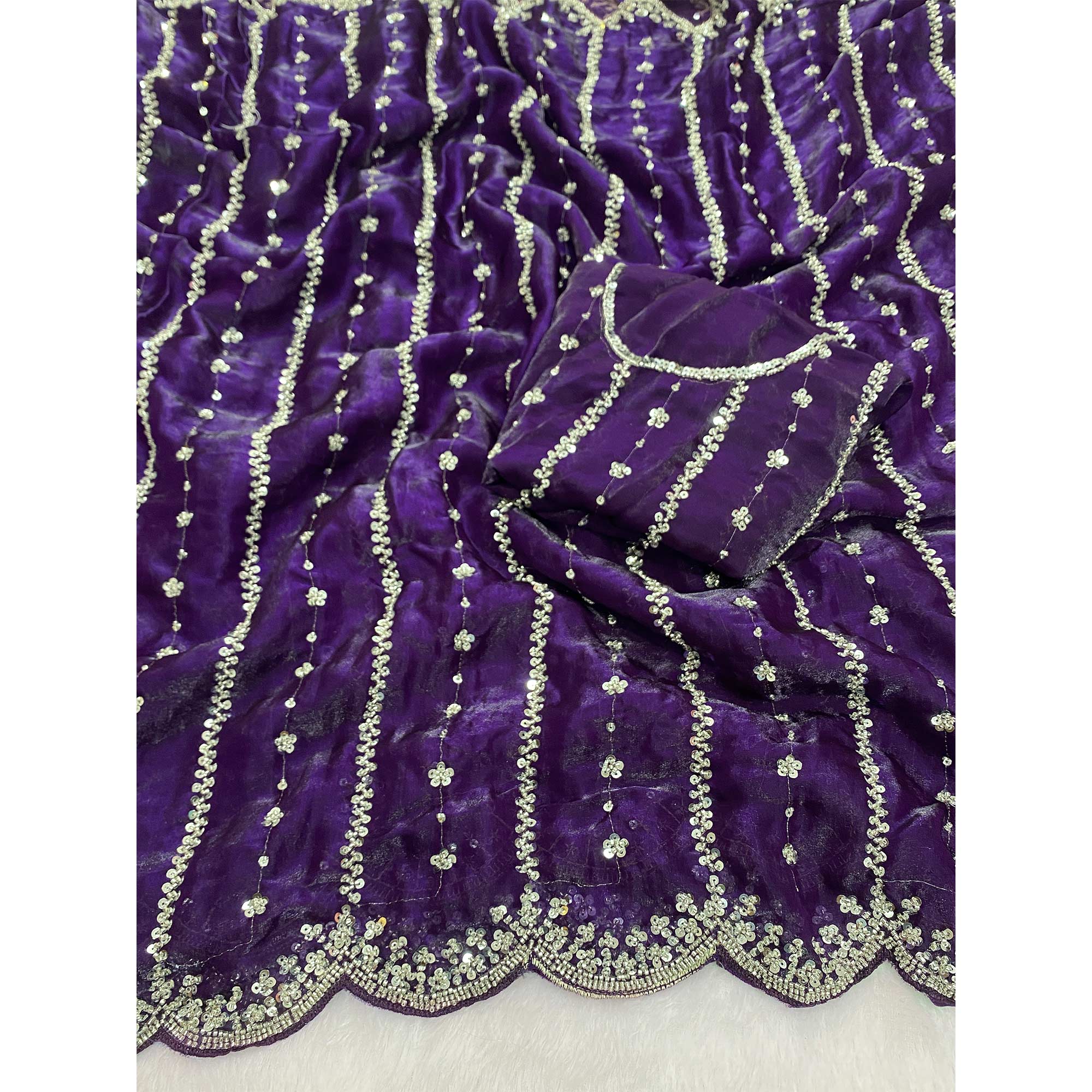 Purple Designer Satin Partywear Saree Enhanced with Sparkling Sequins Work