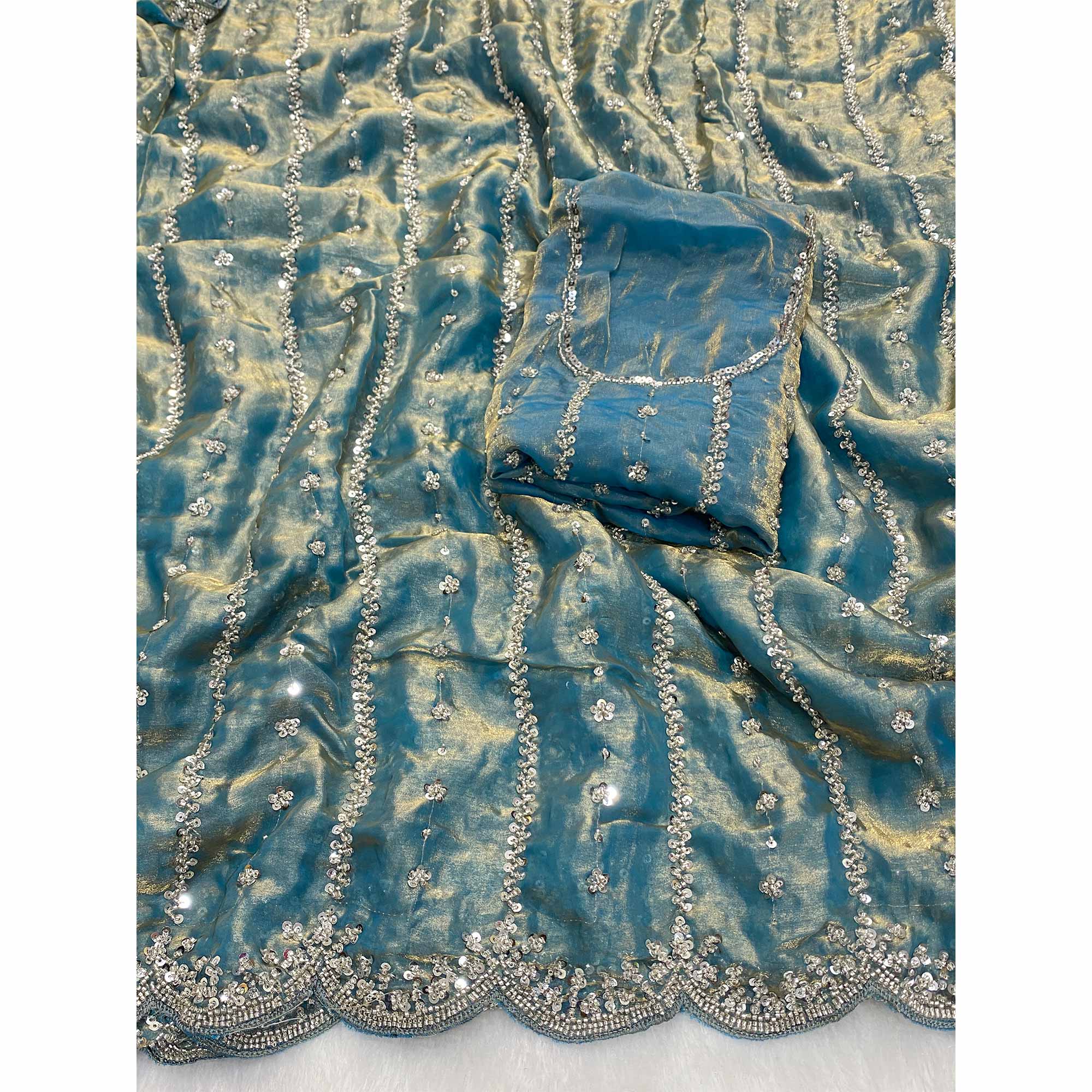 Teal Designer Satin Partywear Saree Enhanced with Sparkling Sequins Work