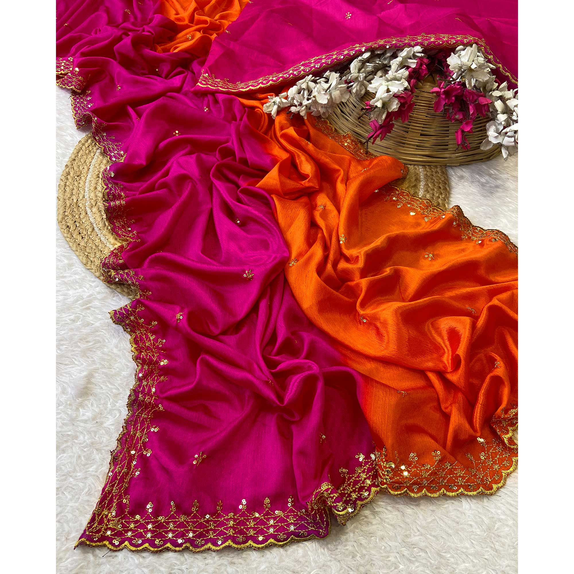 Pink & Orange Chinon Saree With Delicate Floral Sequins Work And Lace Border