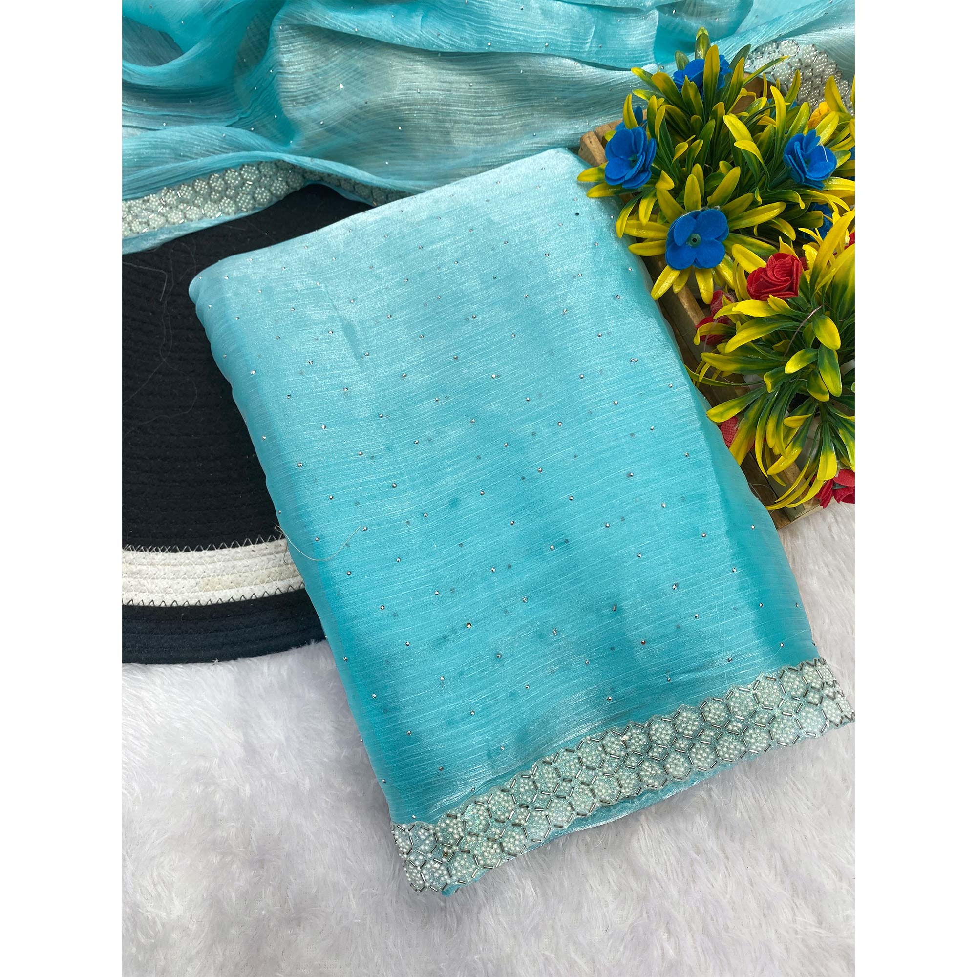Blue Satin Burberry Saree Adorned With Sparkling Swarovski & Elegant Moti Work Border