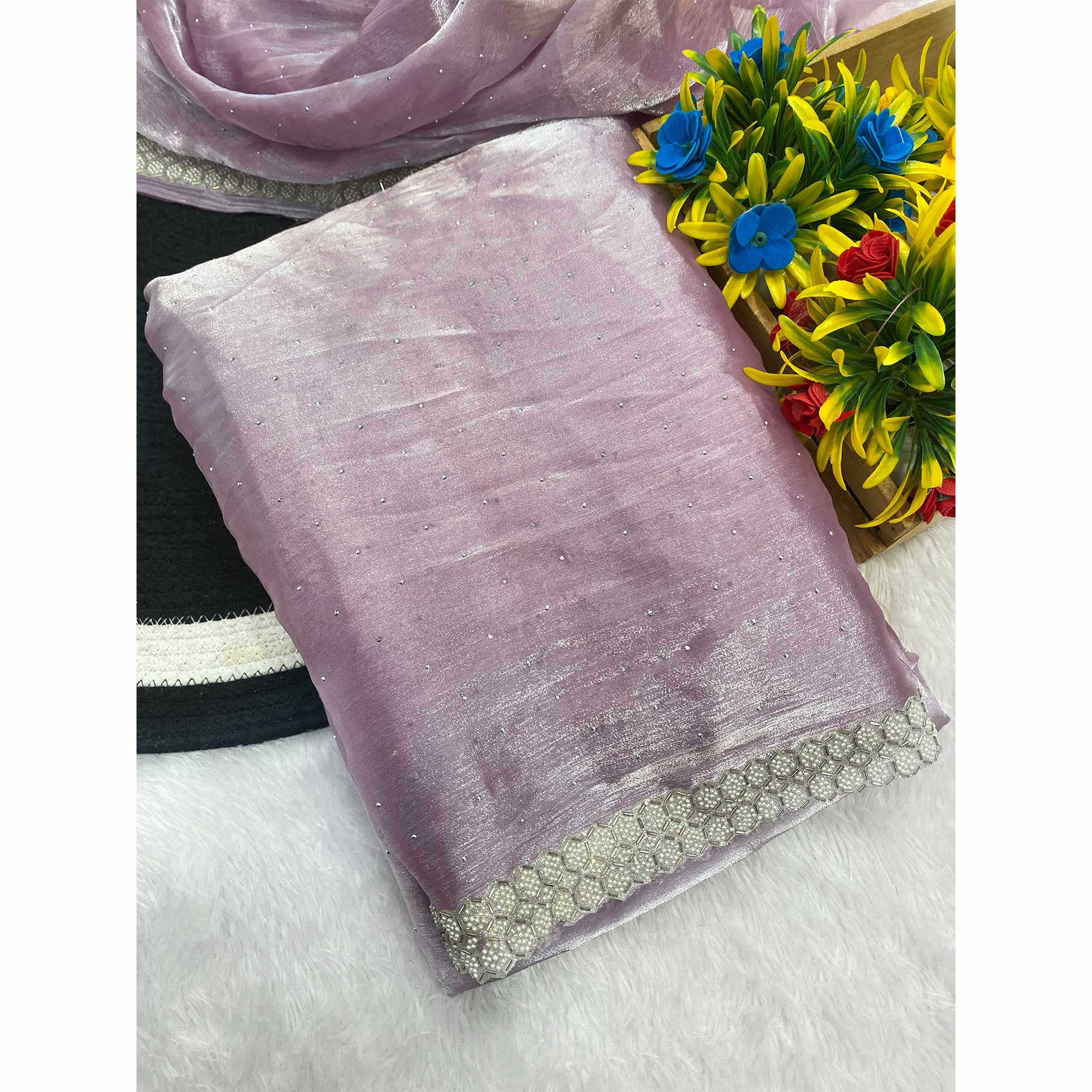 Lavender Satin Burberry Saree Adorned With Sparkling Swarovski & Elegant Moti Work Border
