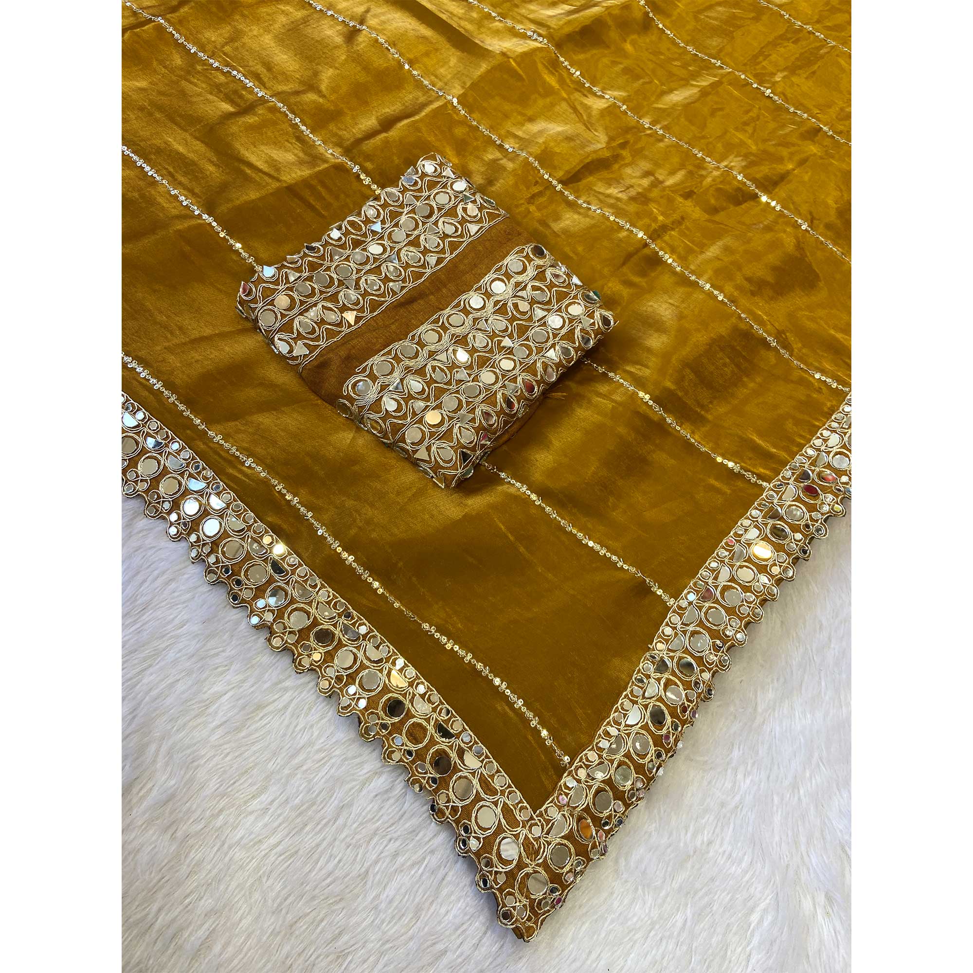 Gold Jimmy Choo Satin Saree Adorned With Sequins Embroidery & Mirror Accents