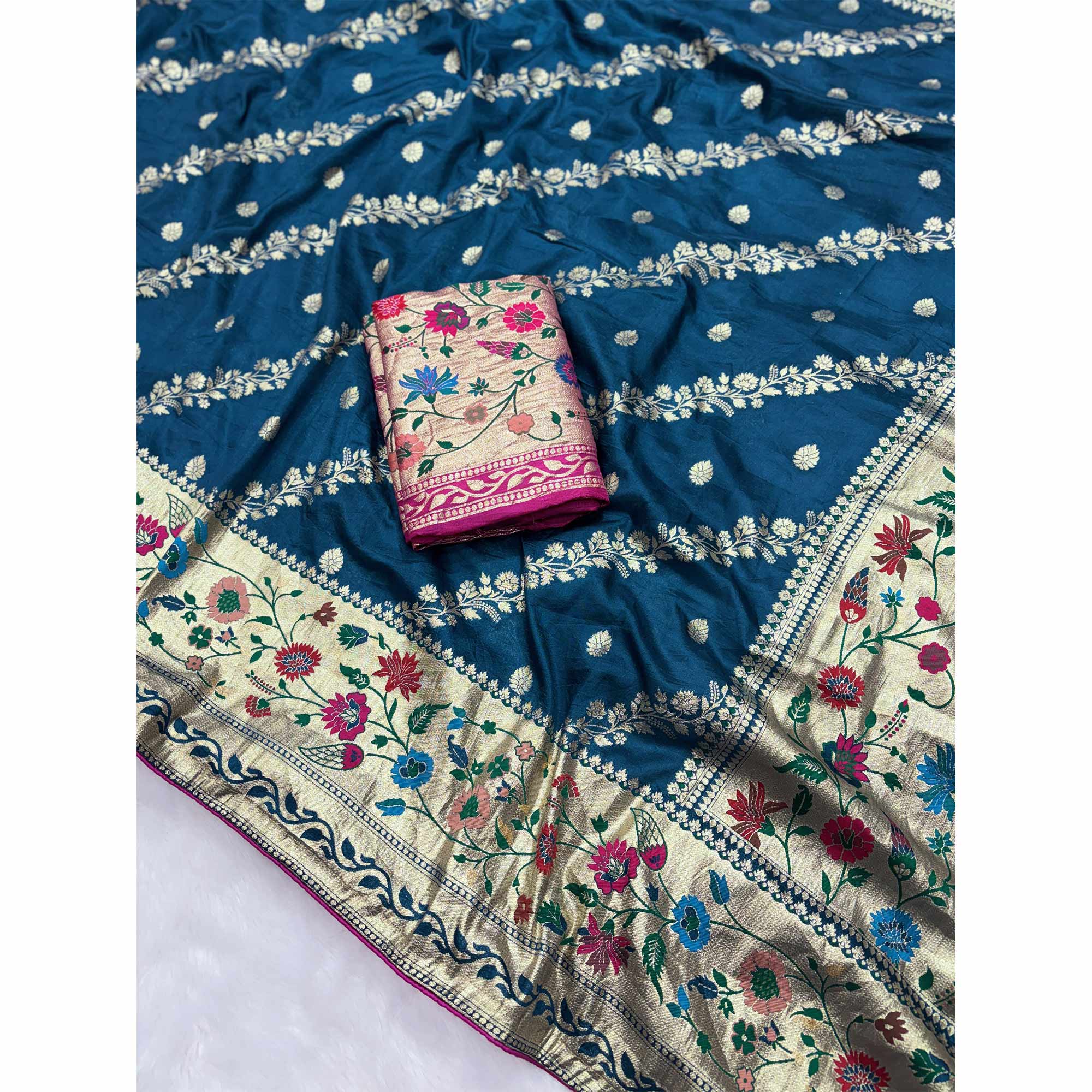 Blue Dola Silk Saree With Rich Floral Zari Weaving & Classic Elegance