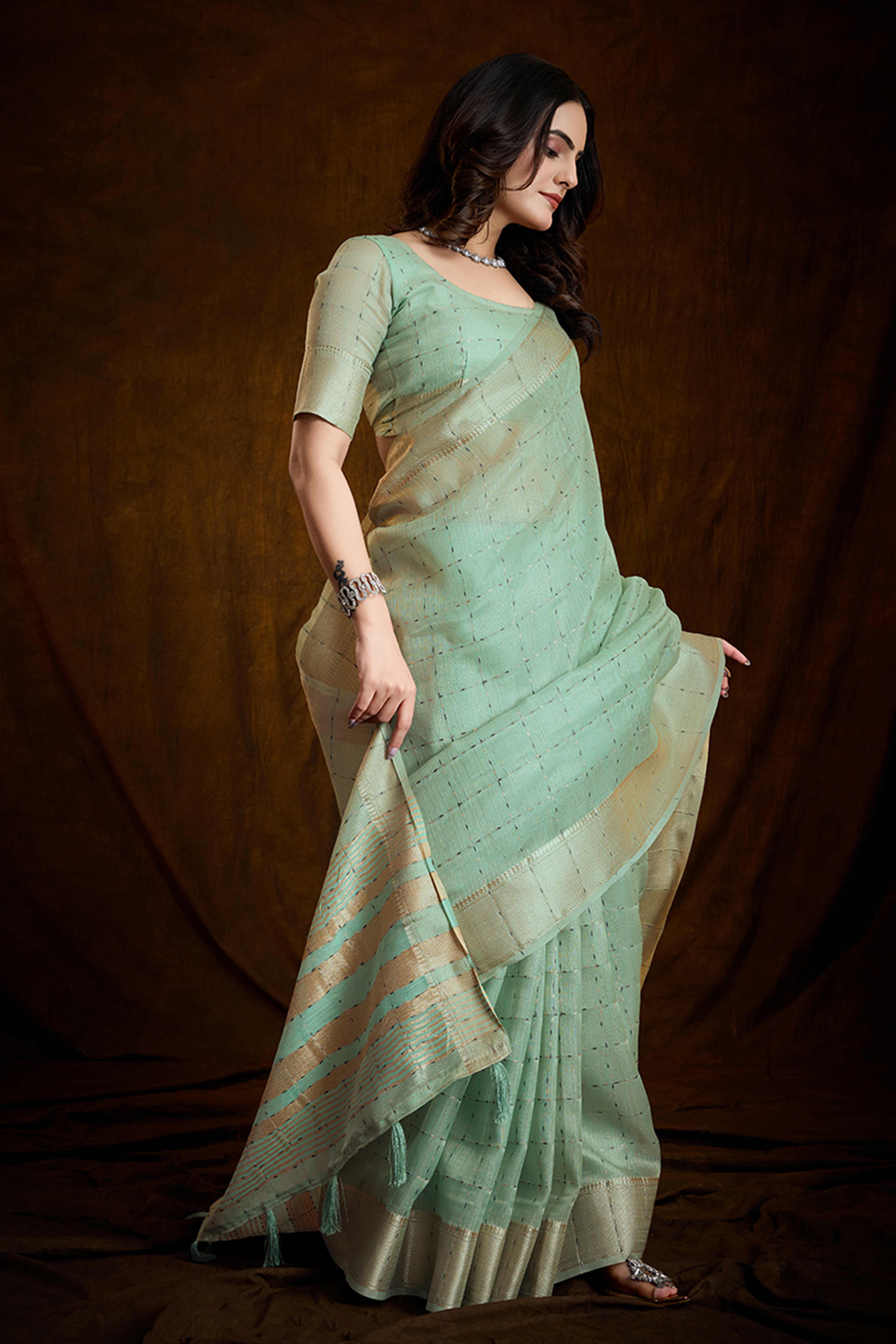 Mint Green Cotton Silk Saree with Rich Zari Weaving in Checkered Style