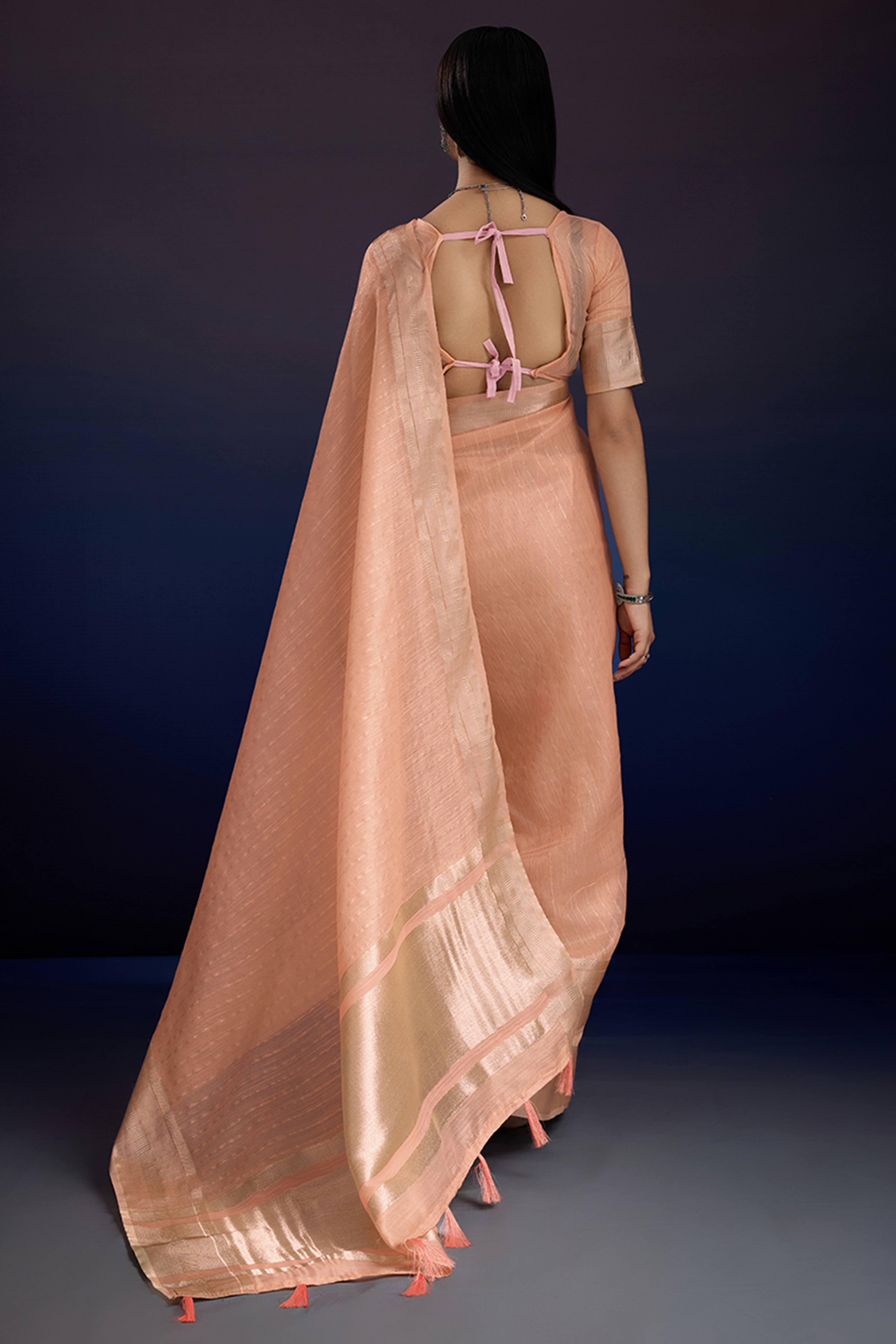Festive Wear Peach Zari Woven Saree in Pure Linen Fabric