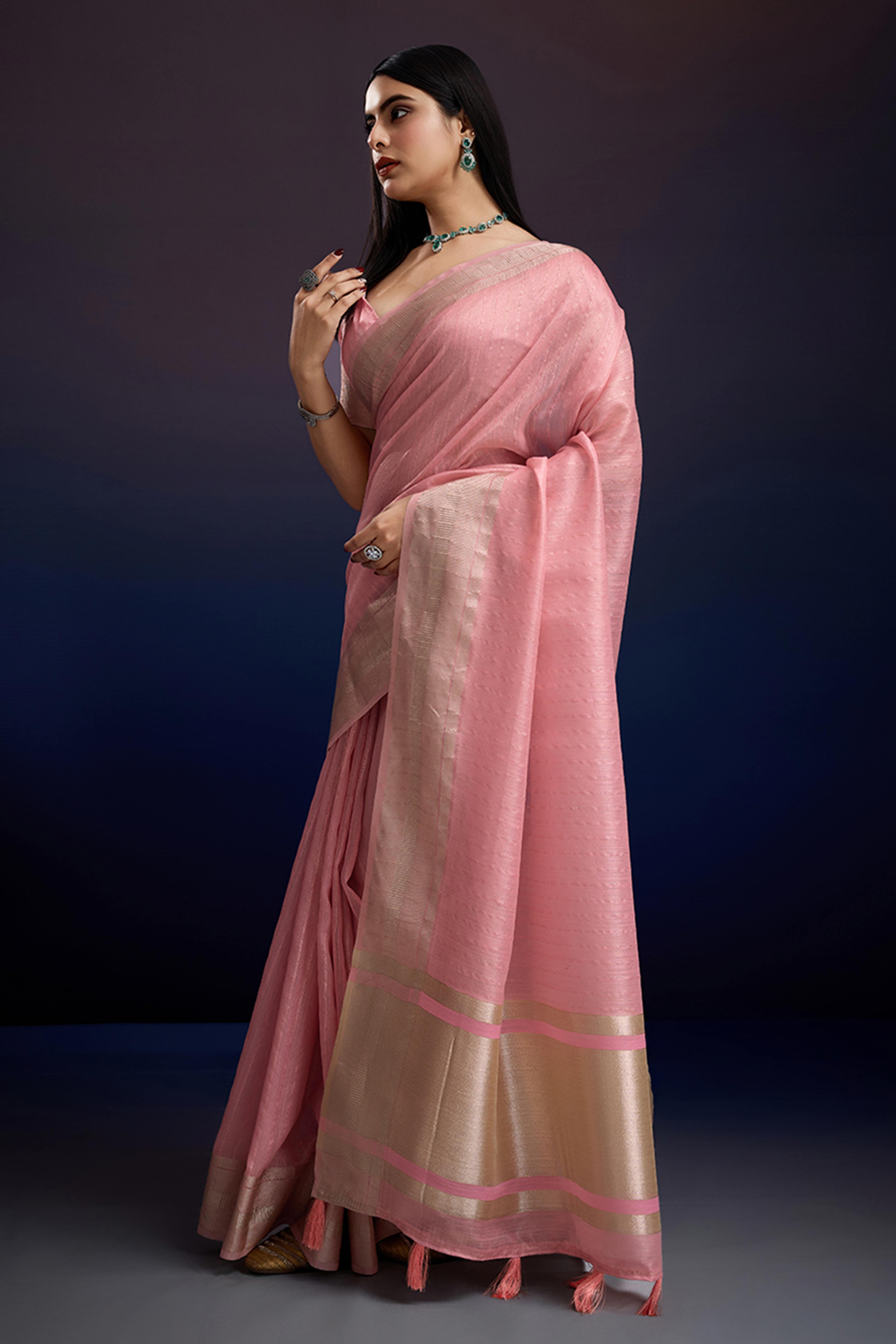 Festive Wear Pink Zari Woven Saree in Pure Linen Fabric