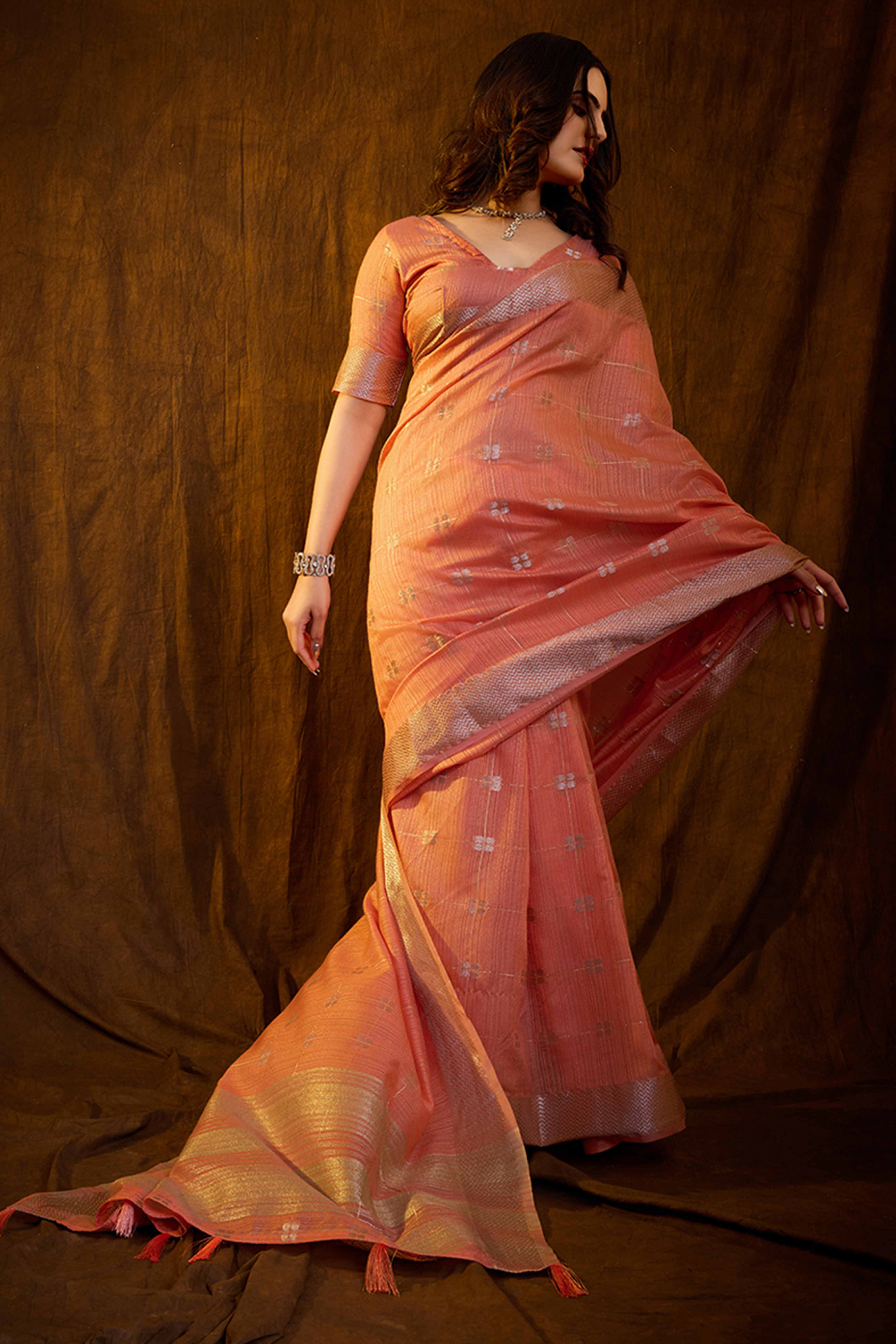 Peach Zari Woven Saree in Lustrous Cotton Silk Fabric