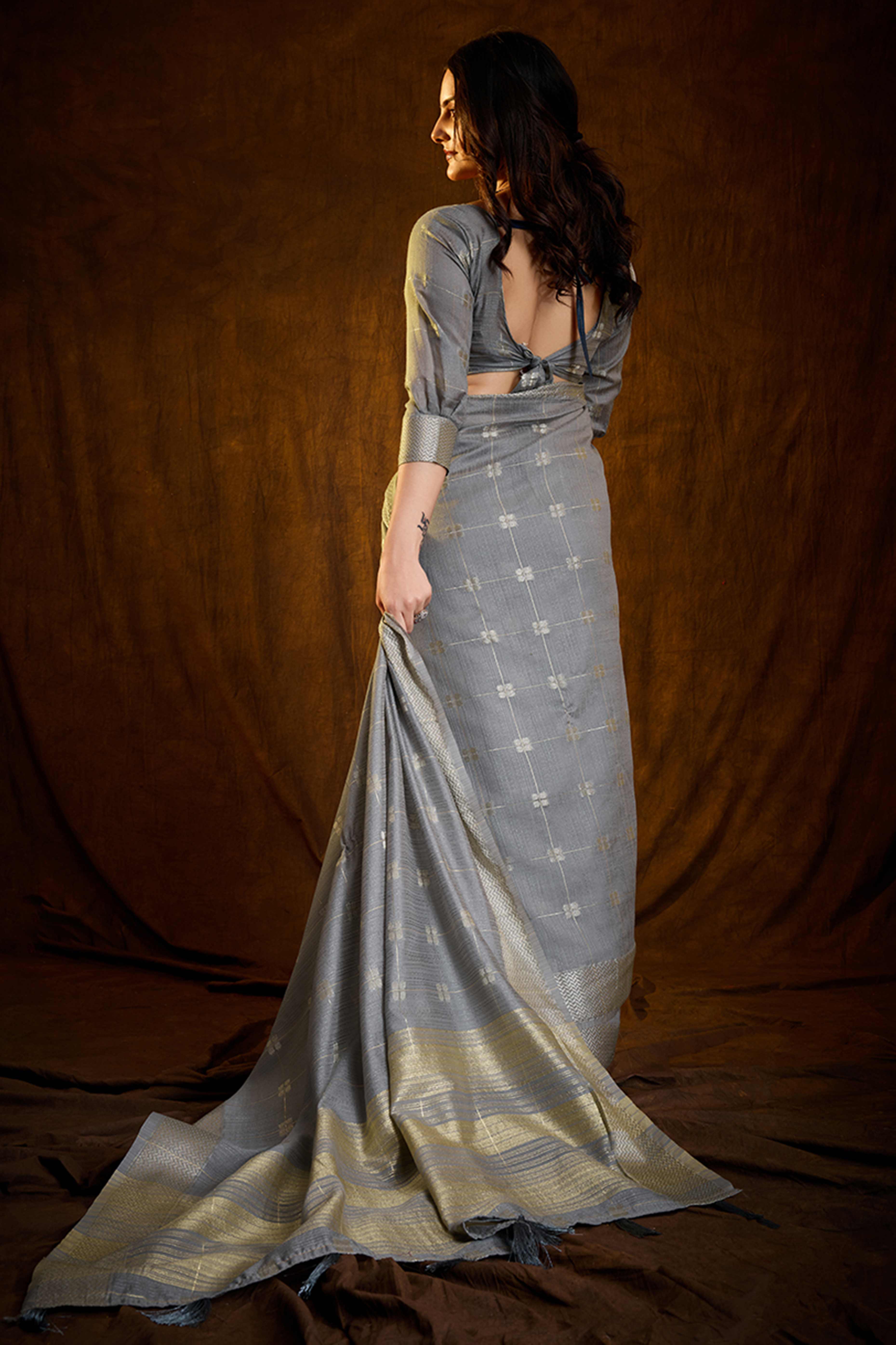 Grey Zari Woven Saree in Lustrous Cotton Silk Fabric