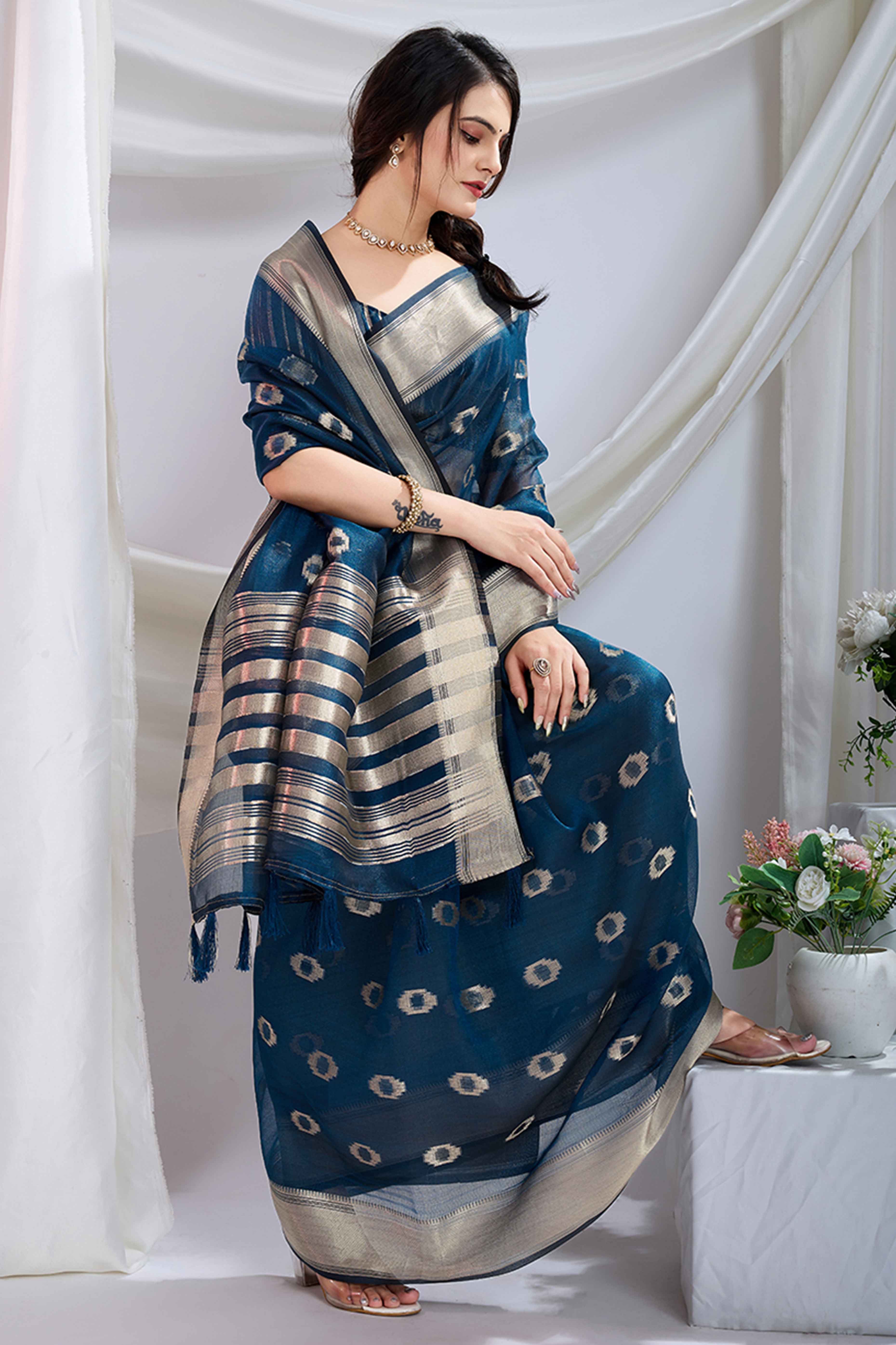 Navy Blue Zari Butti Saree in Lightweight Tissue Fabric