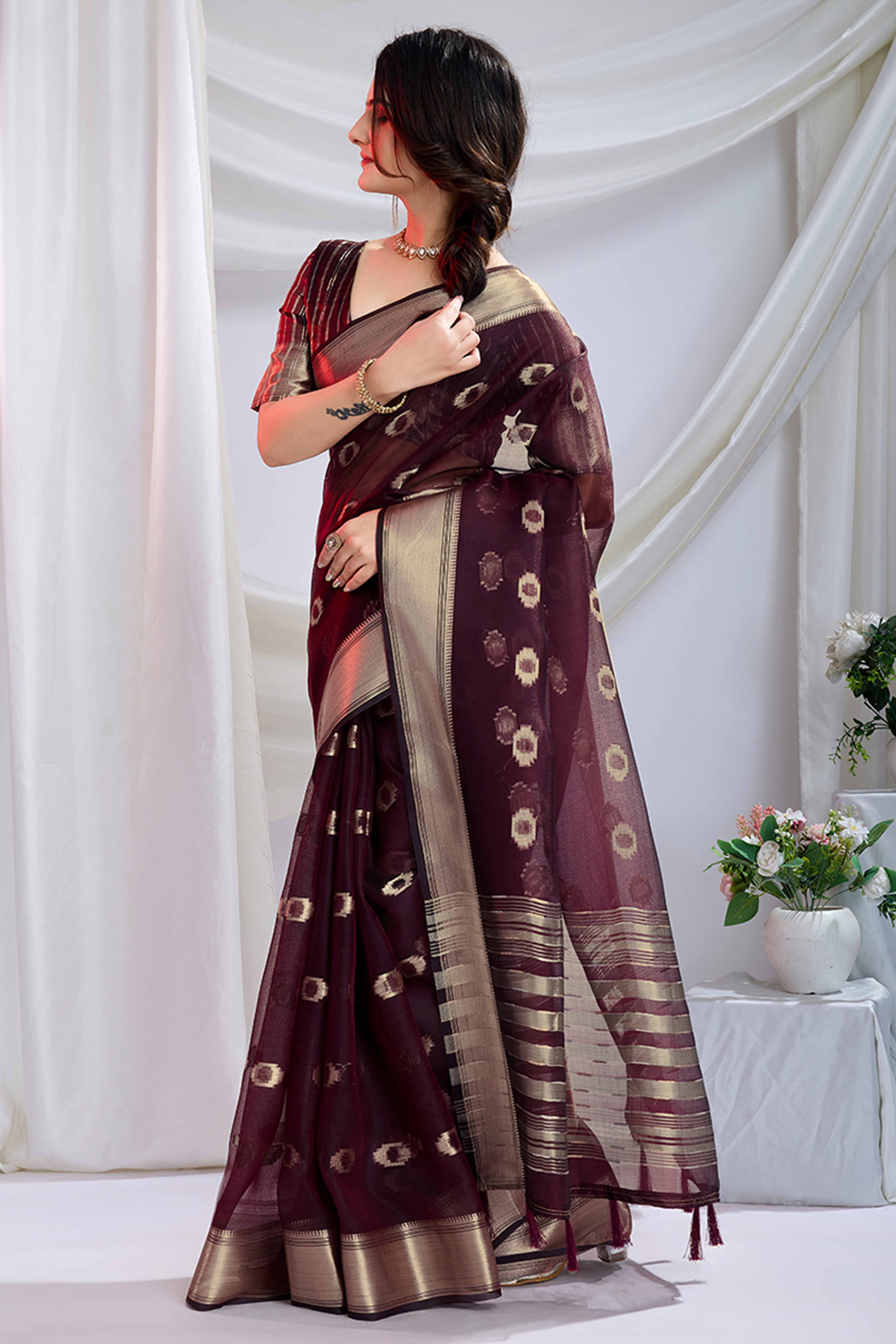 Burgundy Zari Butti Saree in Lightweight Tissue Fabric