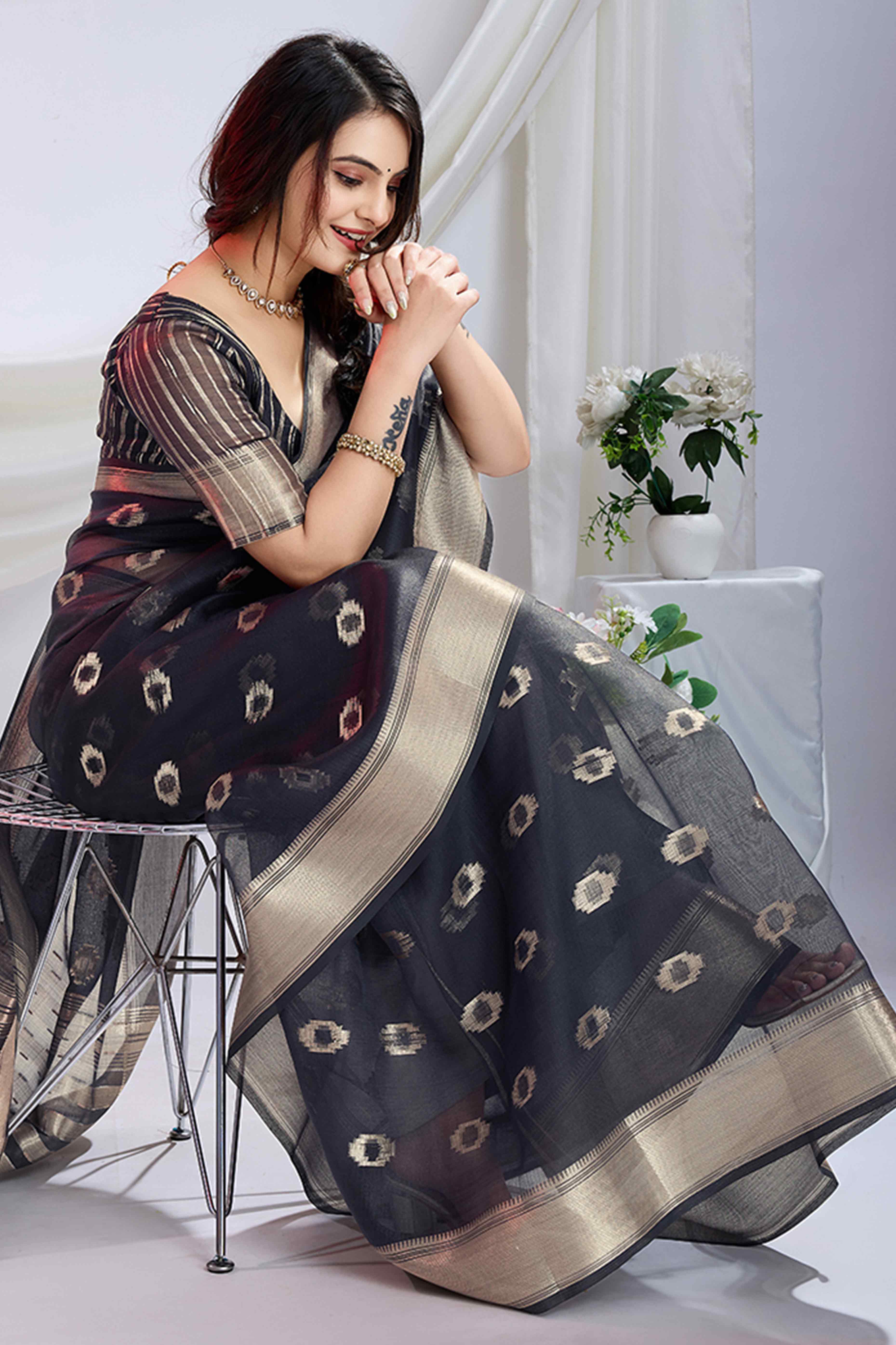 Grey Zari Butti Saree in Lightweight Tissue Fabric