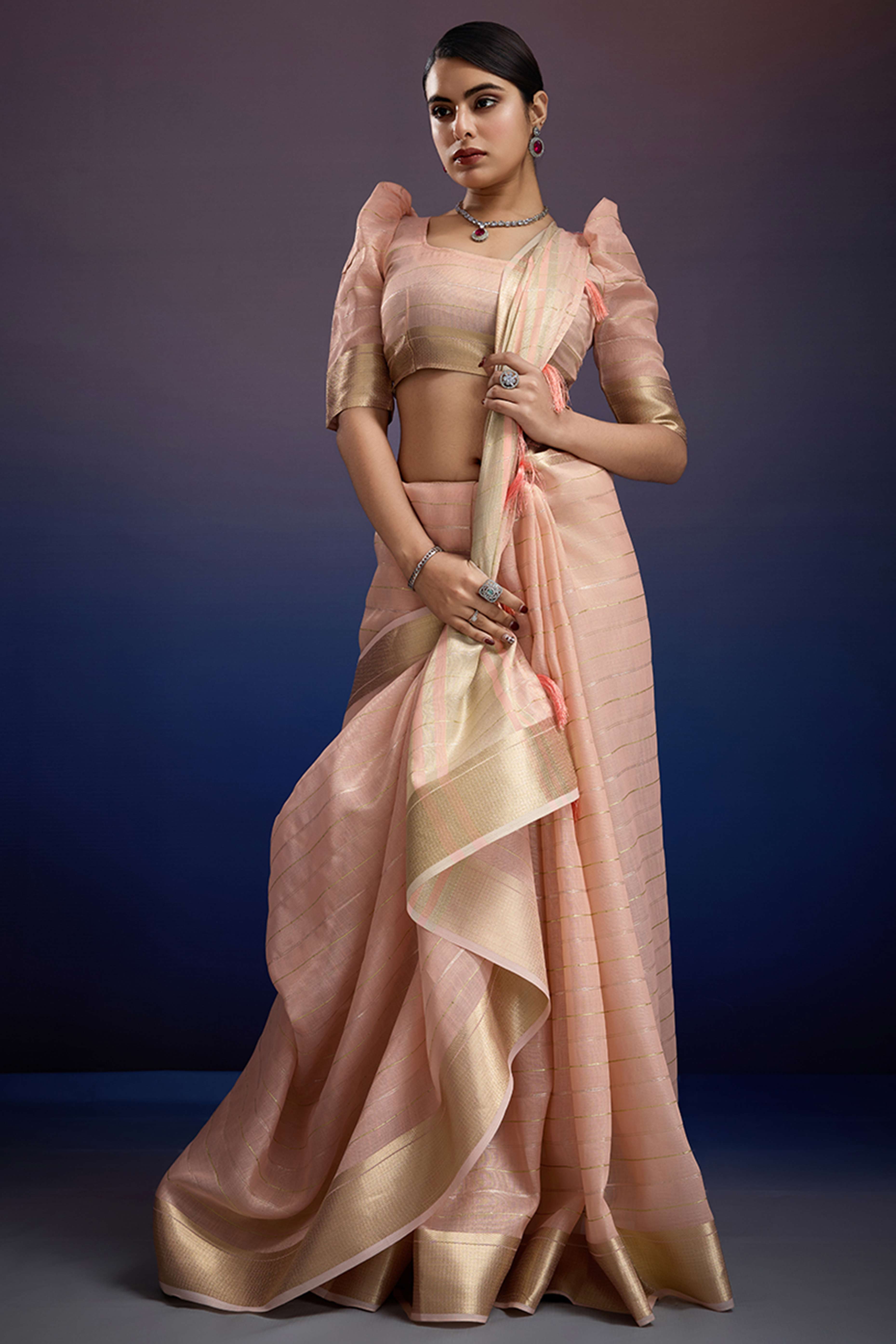 Light Peach Pure Linen Saree with Gold Toned Zari Weave