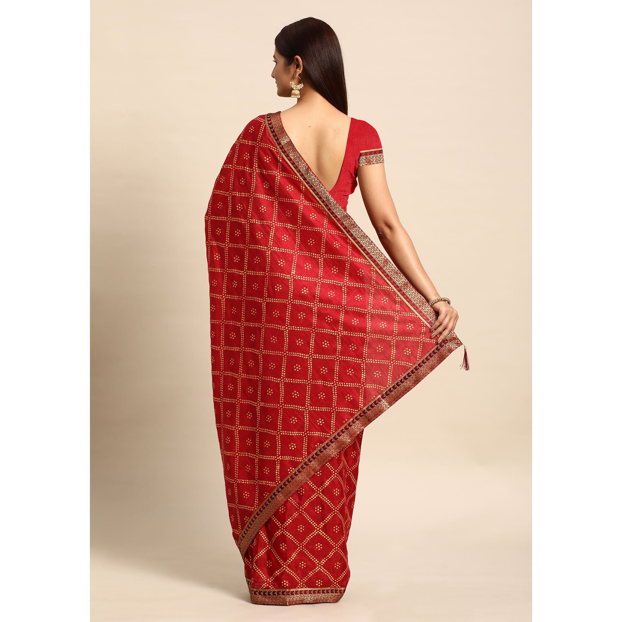 Maroon Bandhani Foil Printed Vichitra Silk Saree