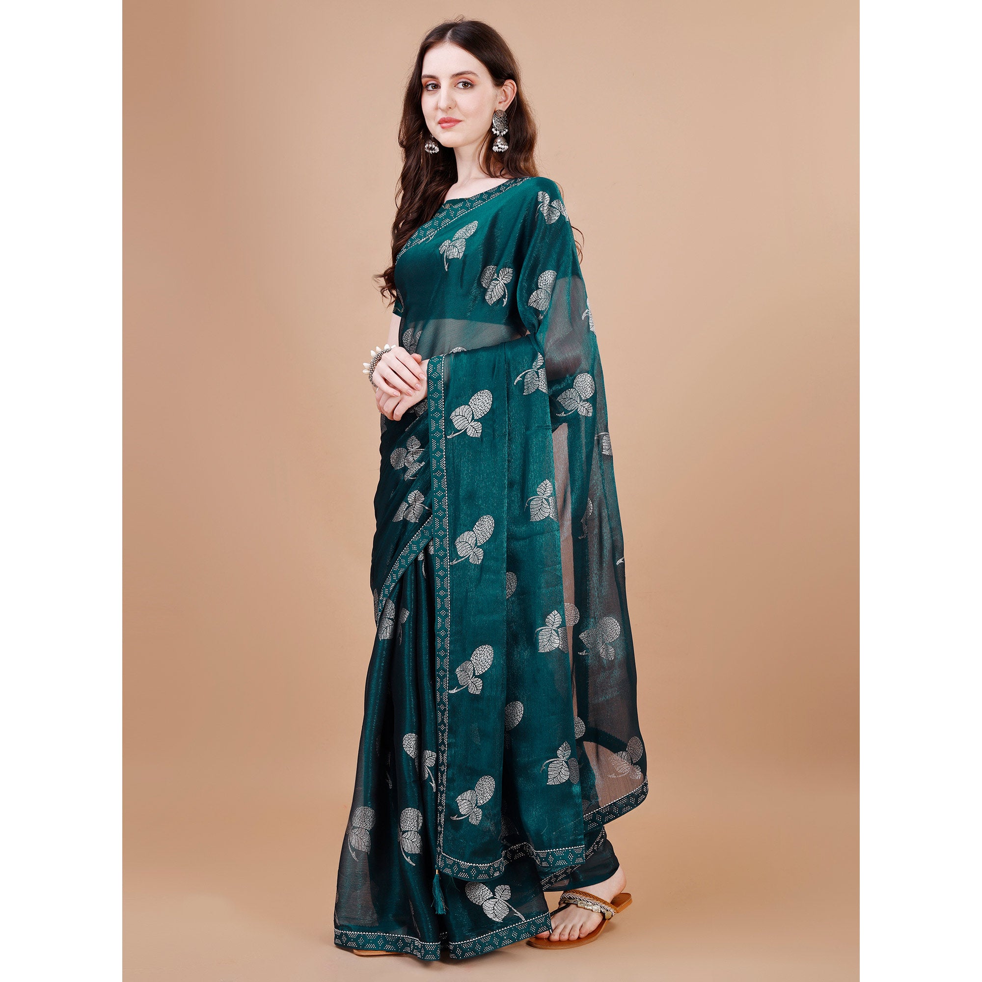Blue Floral Foil Printed Chiffon Saree