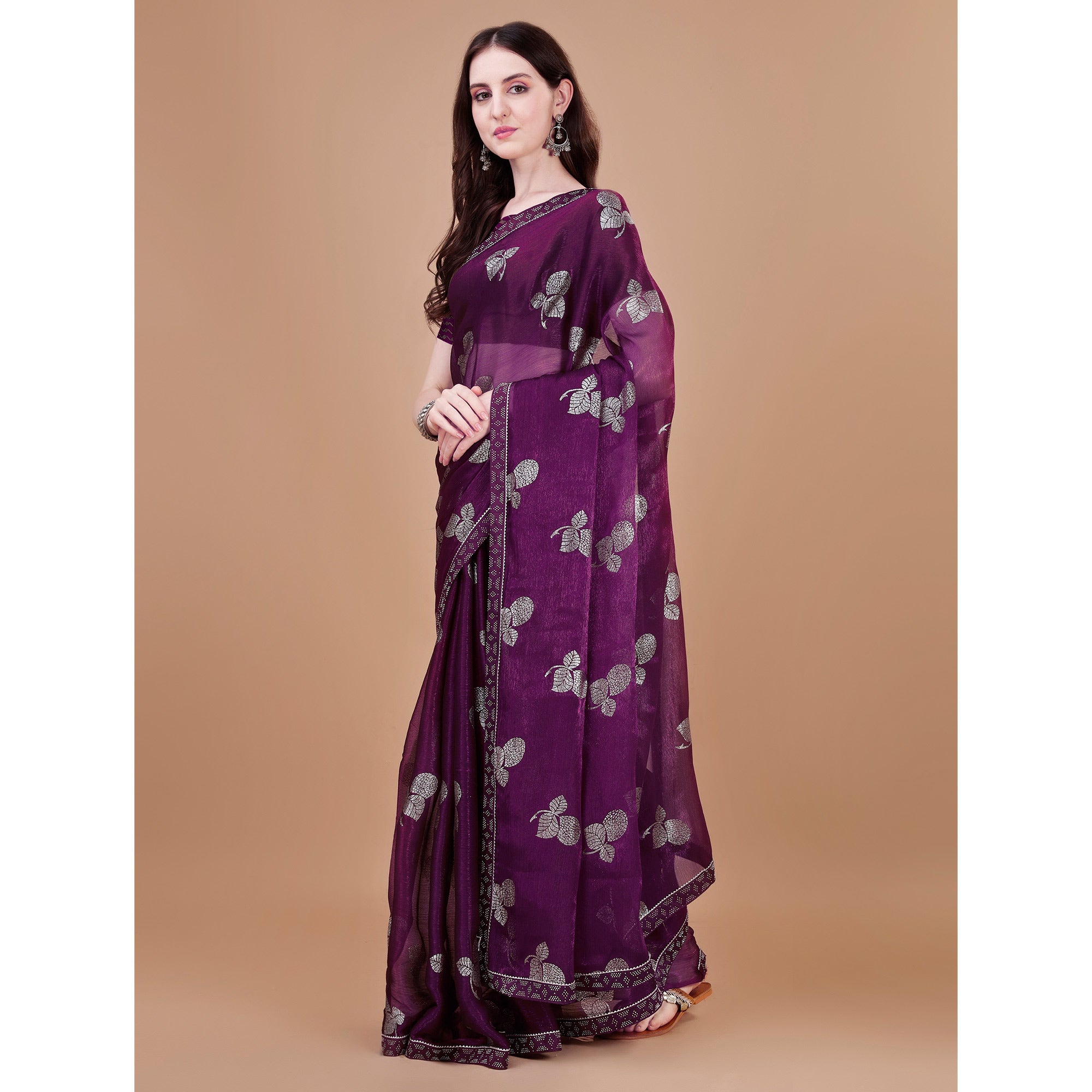Purple Floral Foil Printed Chiffon Saree