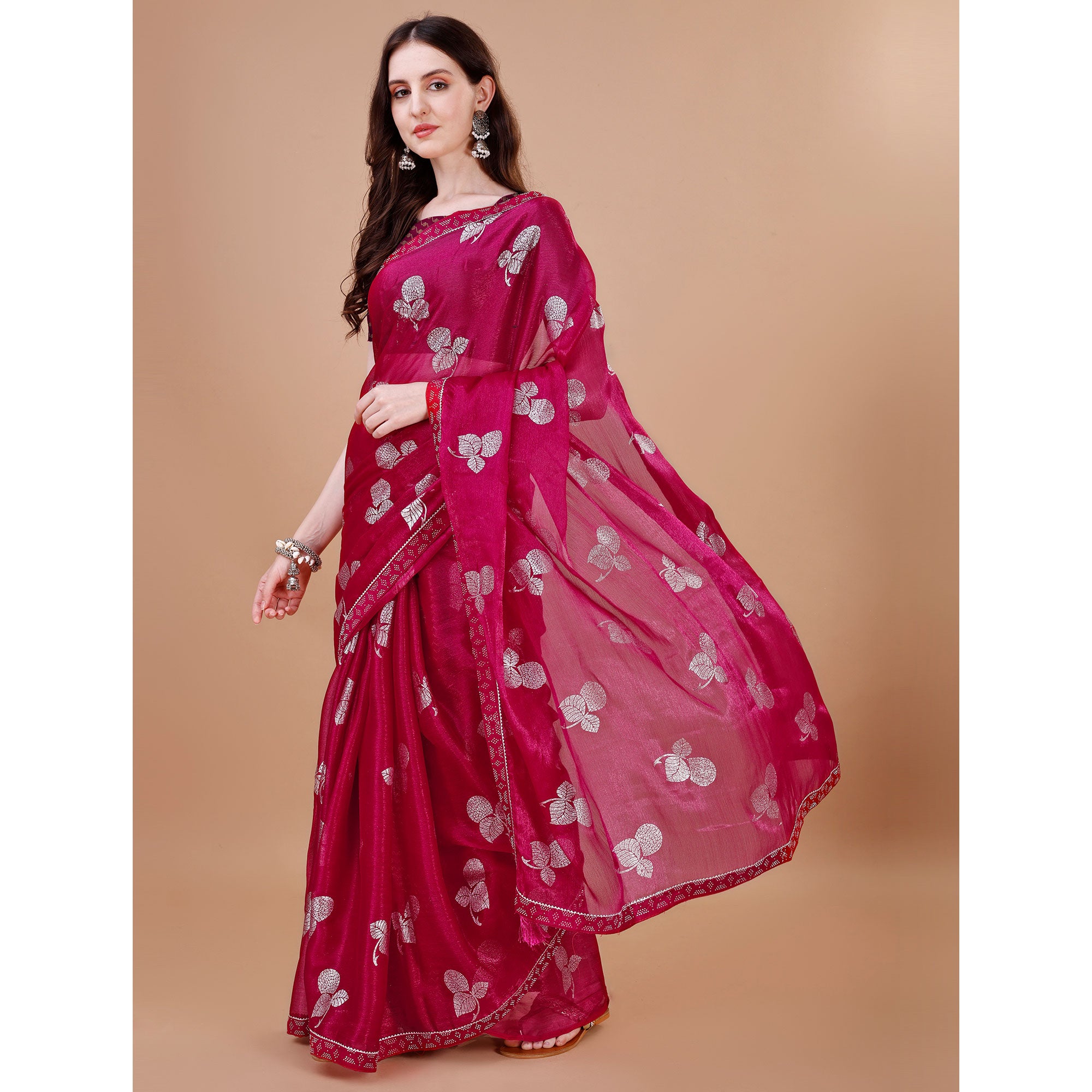 Pink Floral Foil Printed Chiffon Saree