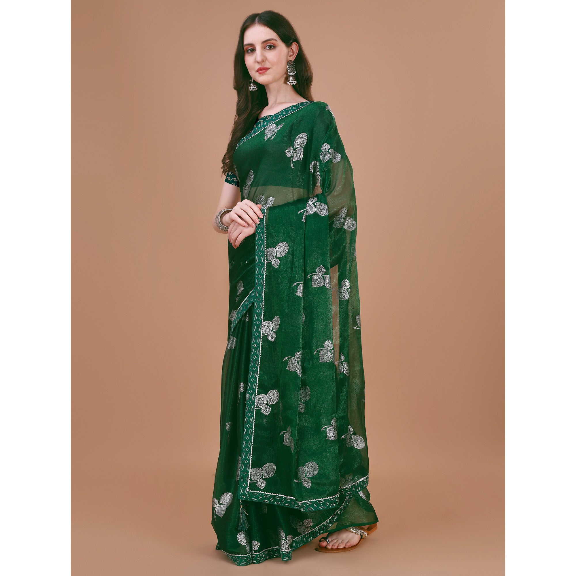 Green Floral Foil Printed Chiffon Saree