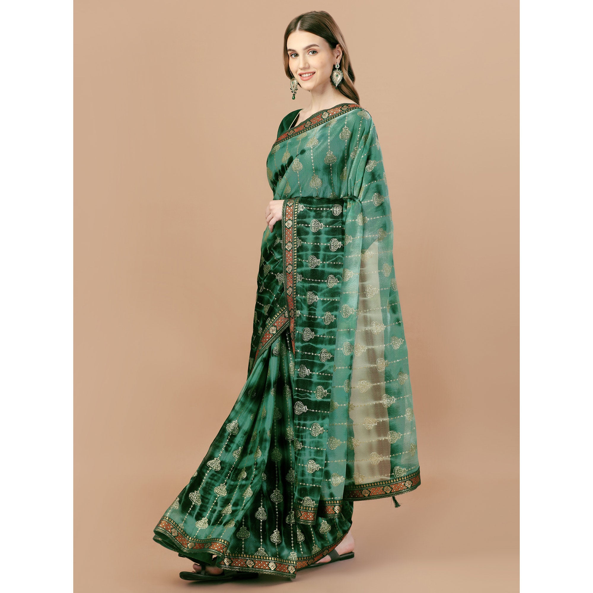 Dark Green Foil Printed Lycra Saree With Lace Border