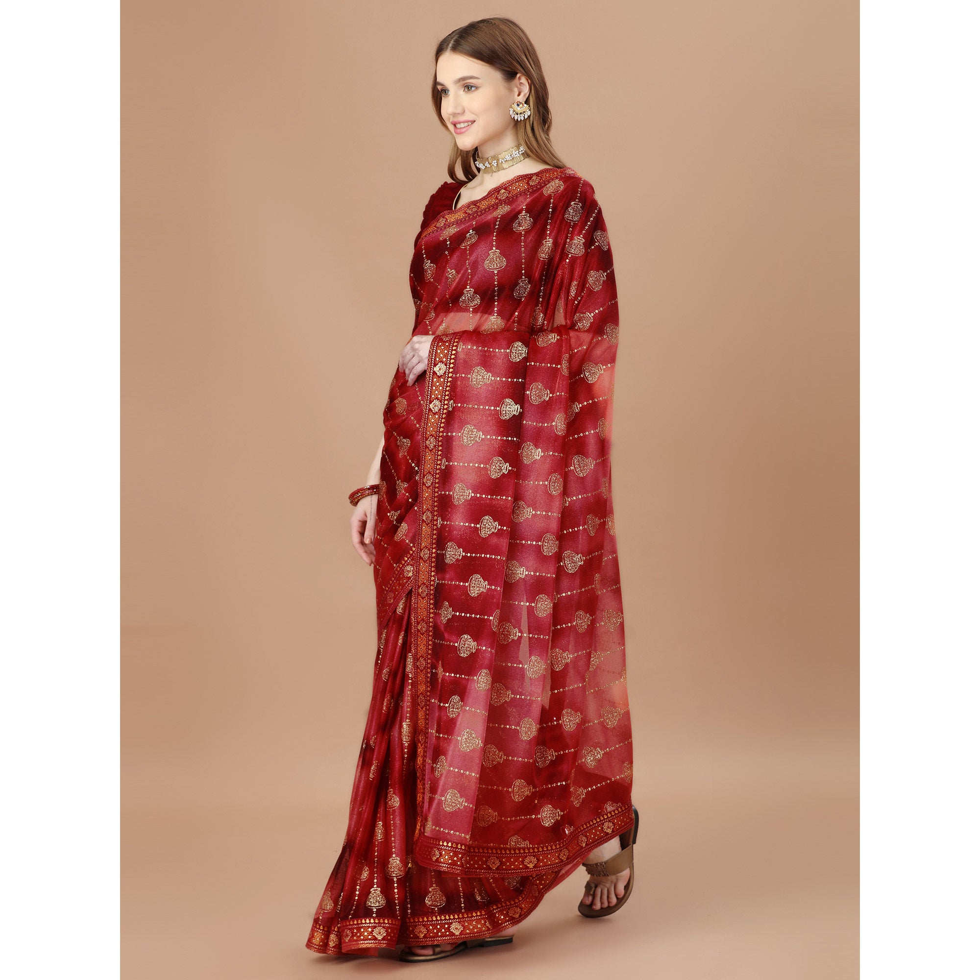 Maroon Foil Printed Lycra Saree With Lace Border