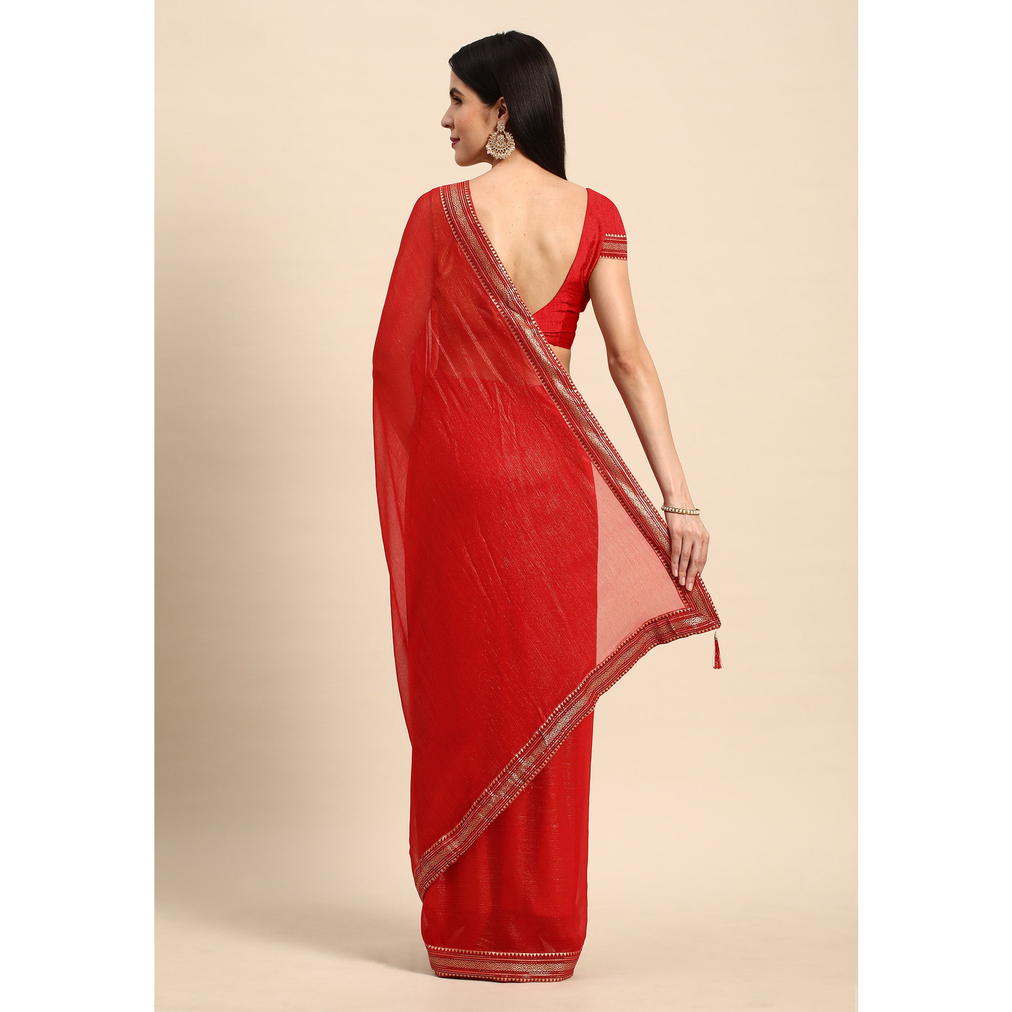 Red Solid With Woven Border Chiffon Saree With Tassels