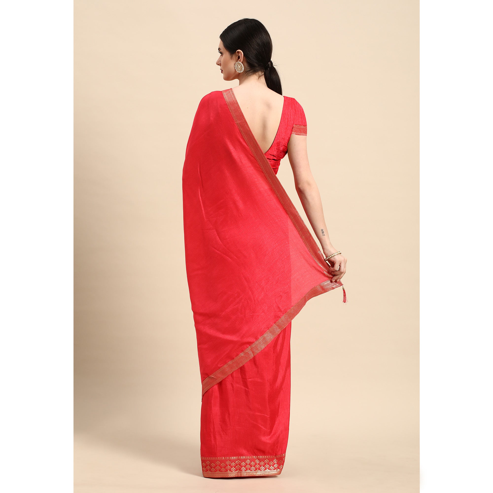 Pink Solid Vichitra Silk Saree With Zari Border