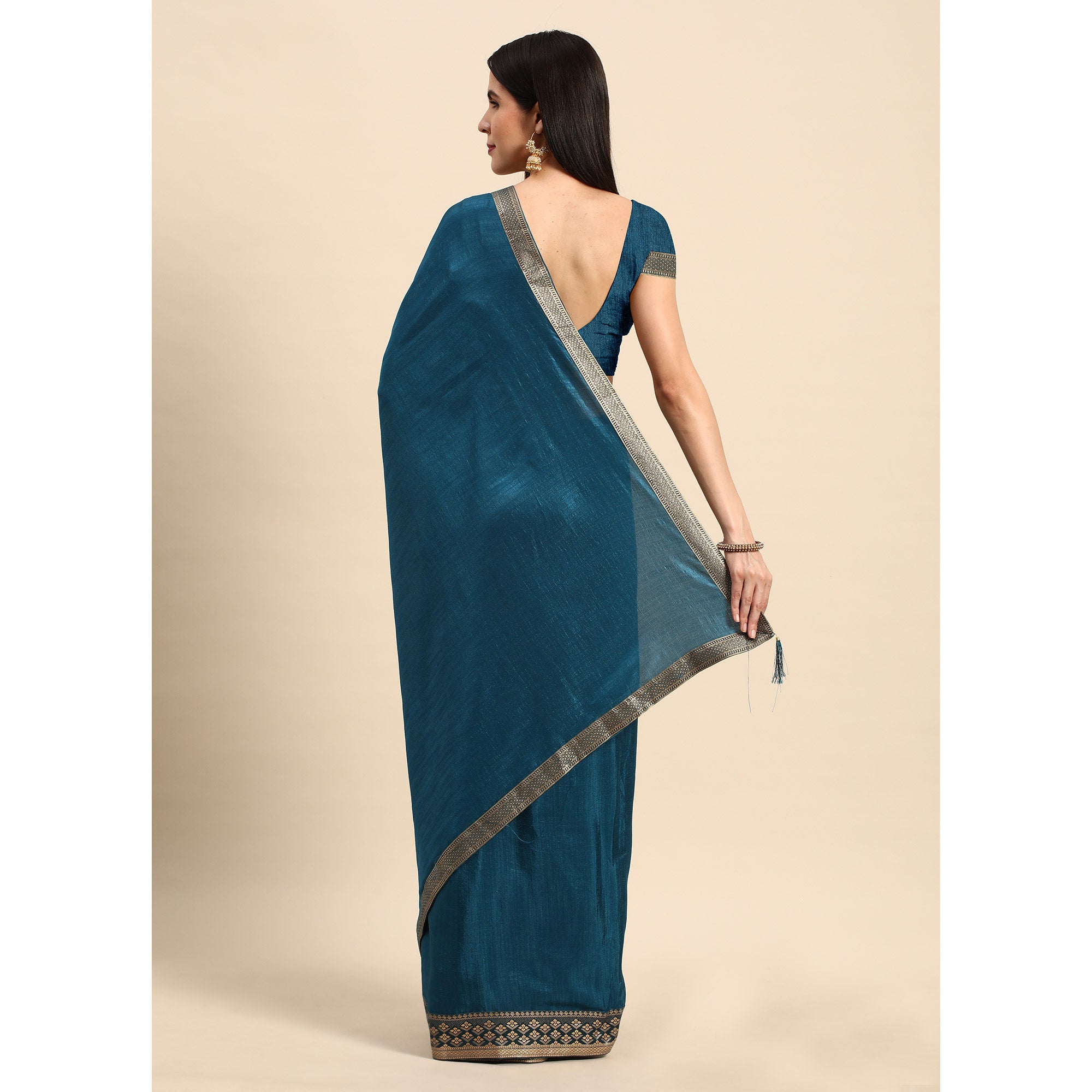 Blue Solid Vichitra Silk Saree With Zari Border