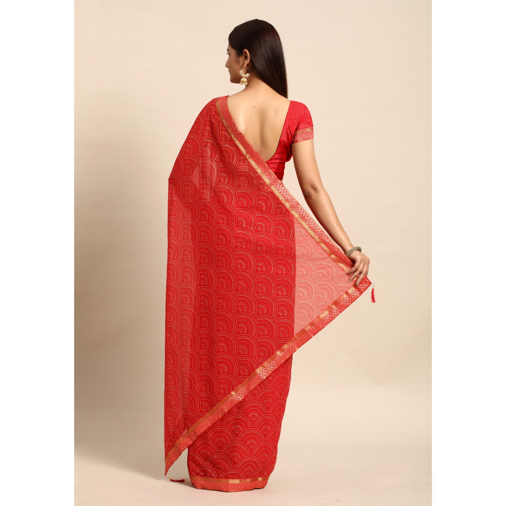 Red Foil Printed Chiffon Saree With Tassels