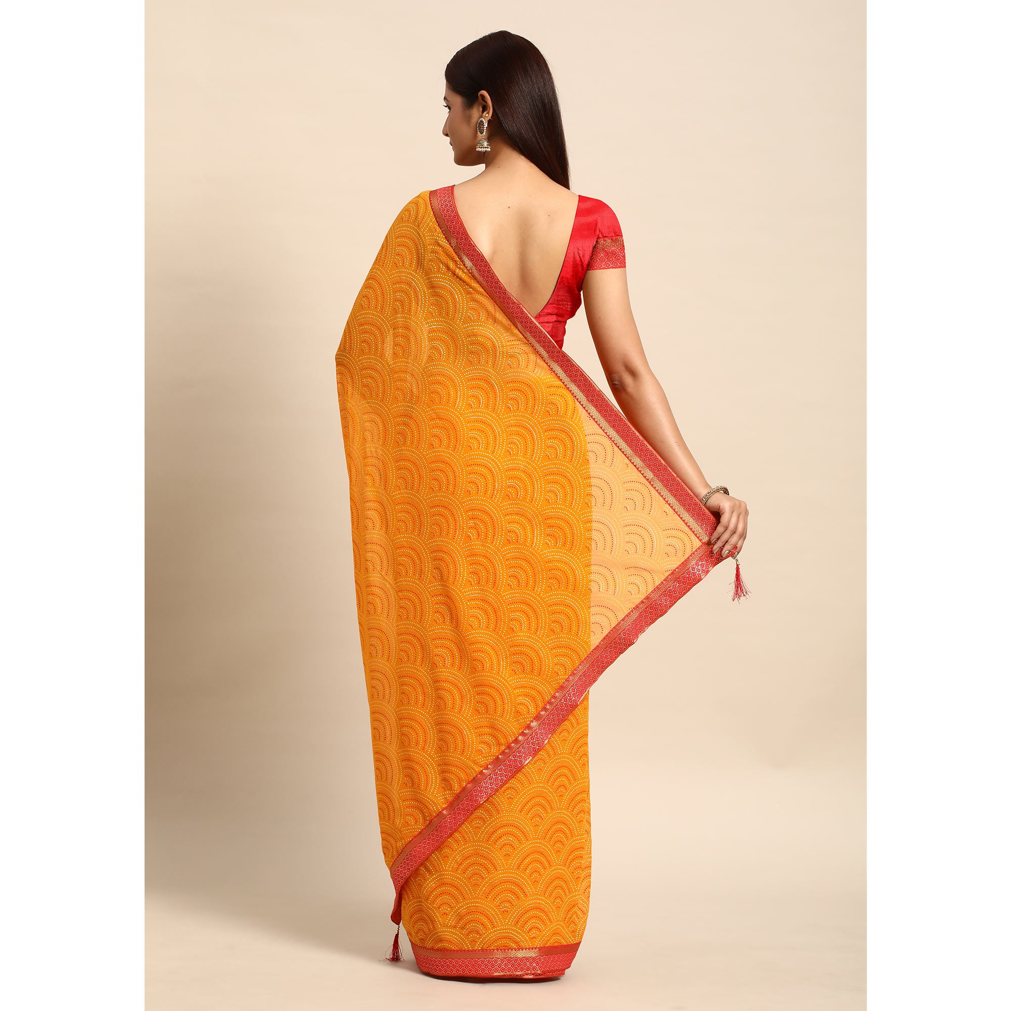 Yellow Foil Printed Chiffon Saree With Tassels