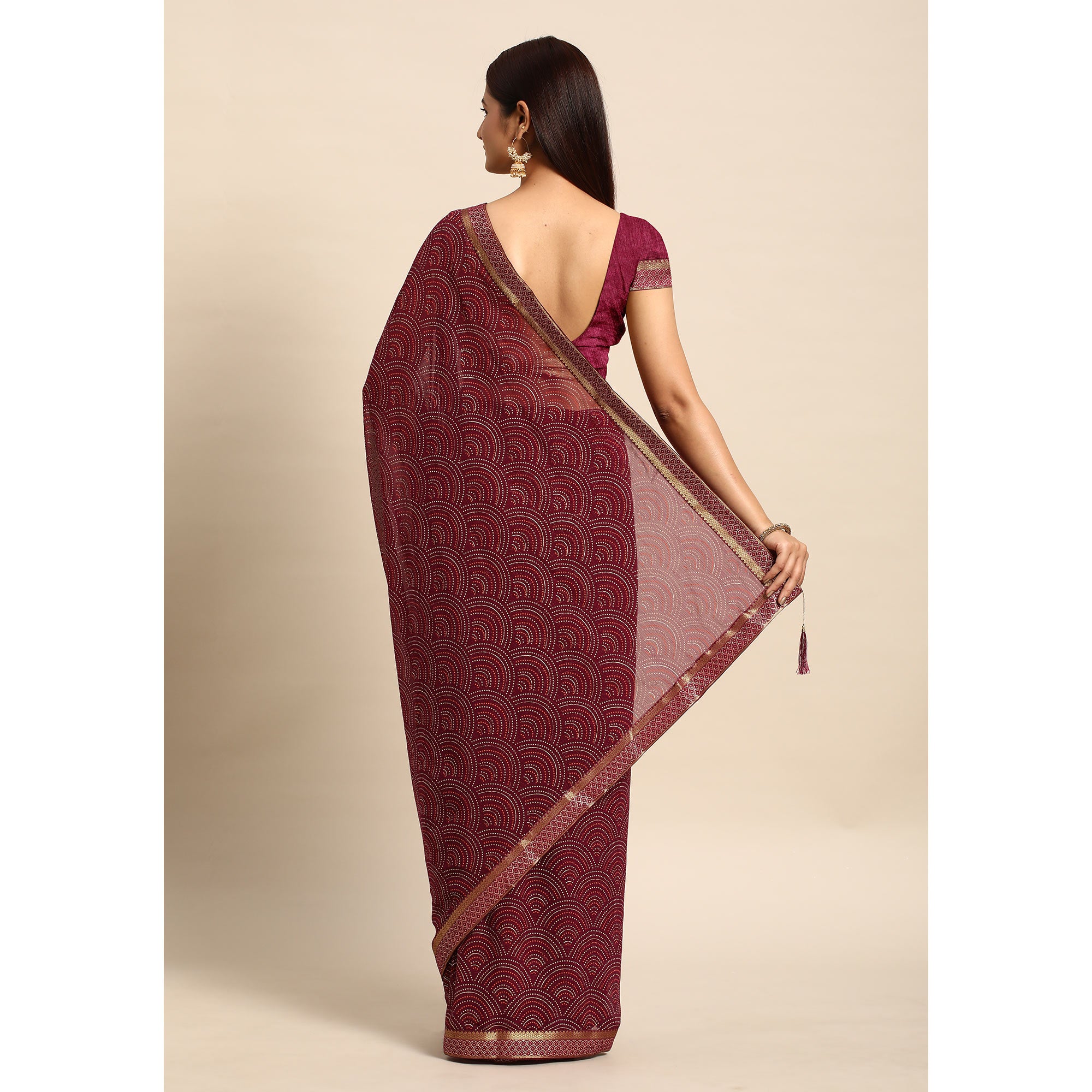 Wine Foil Printed Chiffon Saree With Tassels