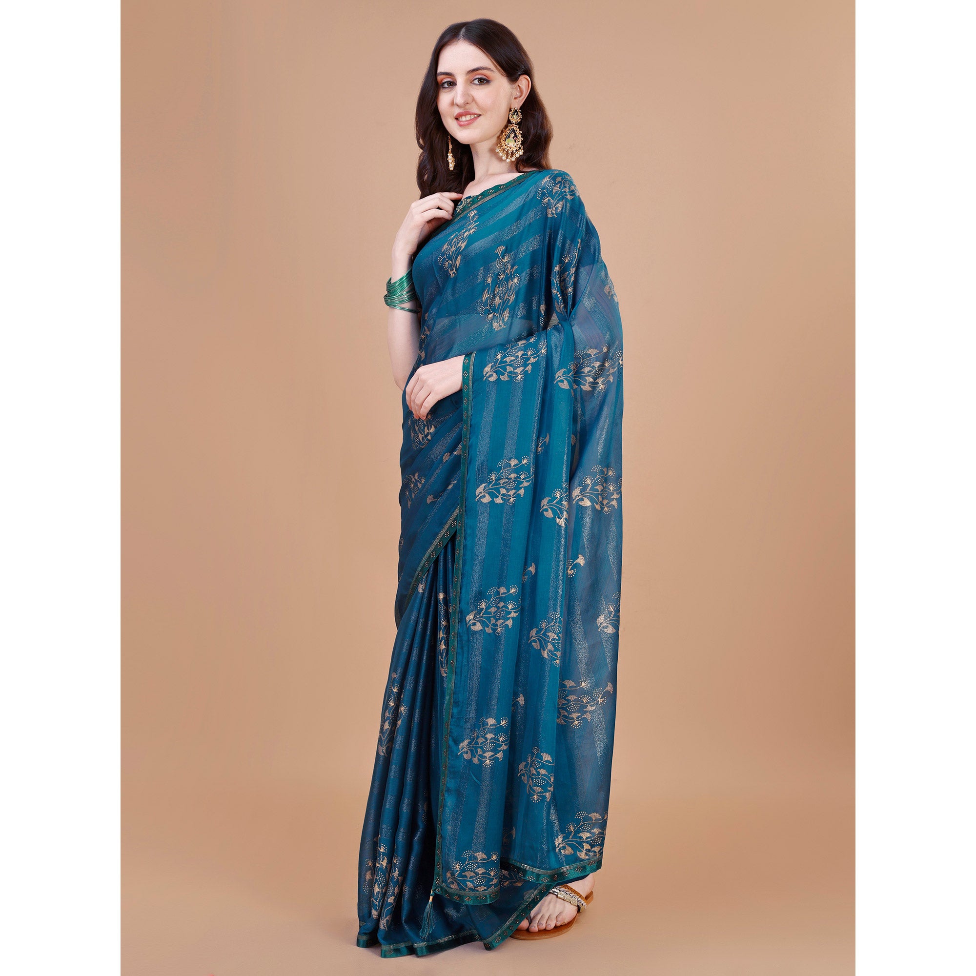 Blue Foil Printed Chiffon Saree With Lace Border