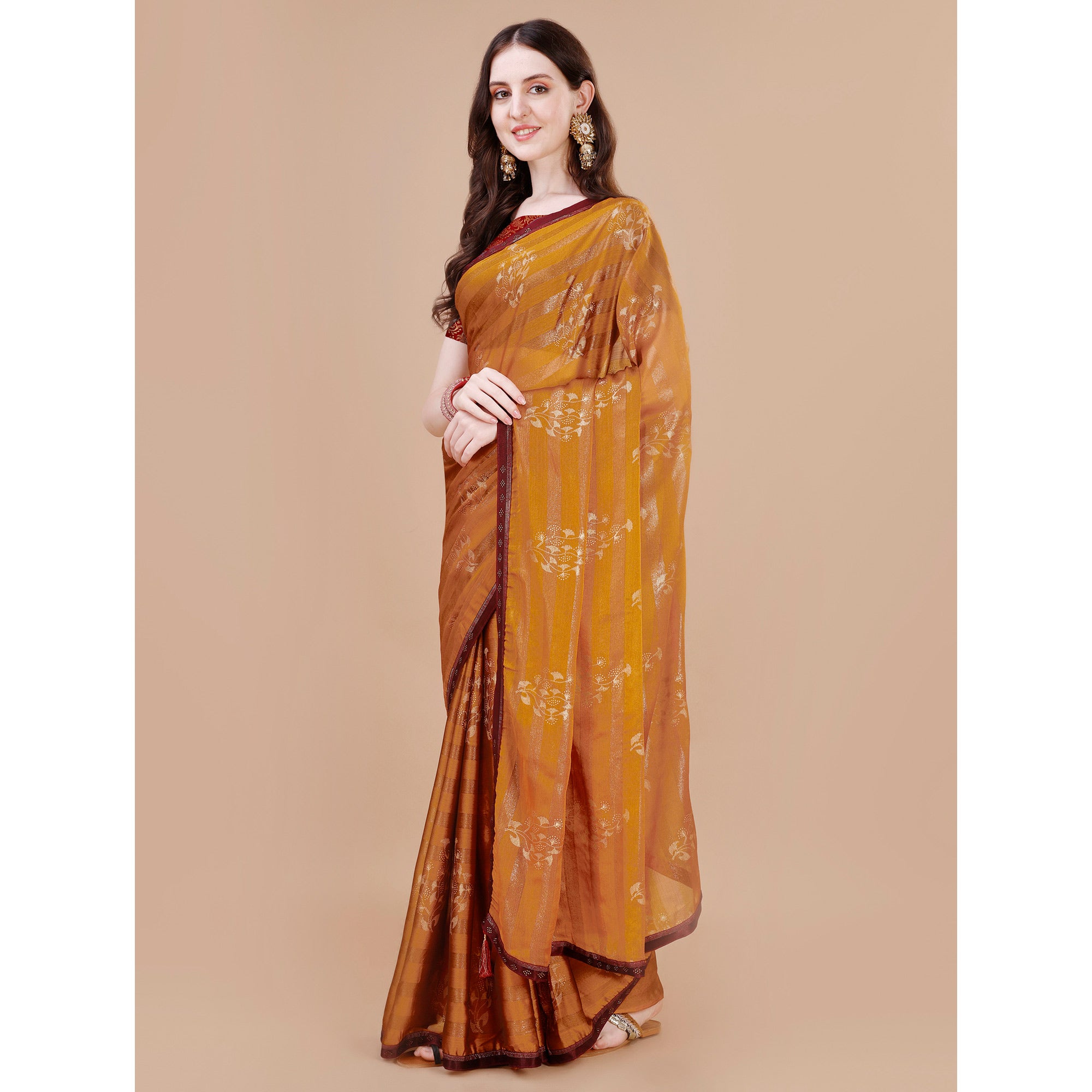 Mustard Foil Printed Chiffon Saree With Lace Border