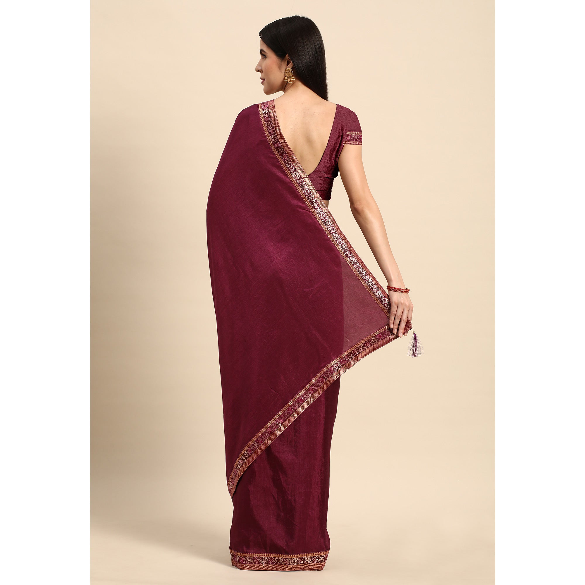 Wine Swarovski Work Vichitra Silk Saree With Fancy Border