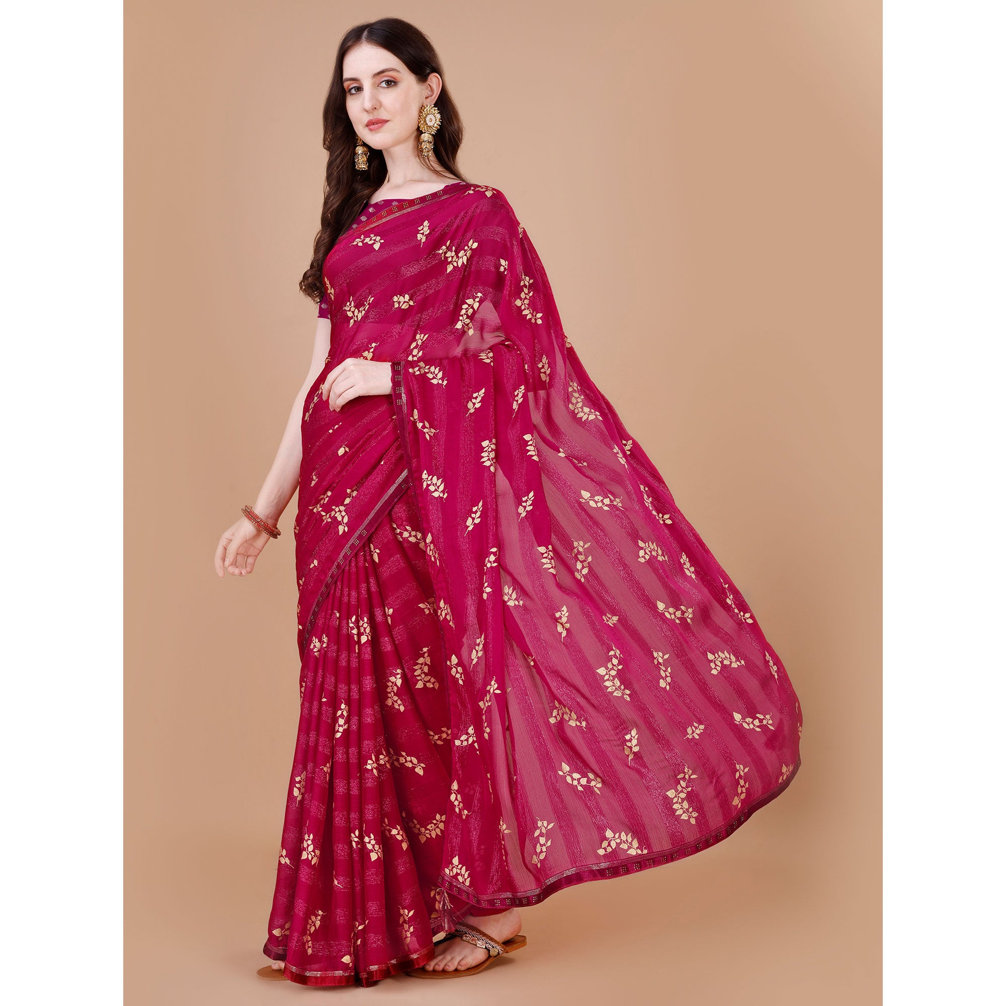 Pink Foil Printed Chiffon Saree With Lace Border
