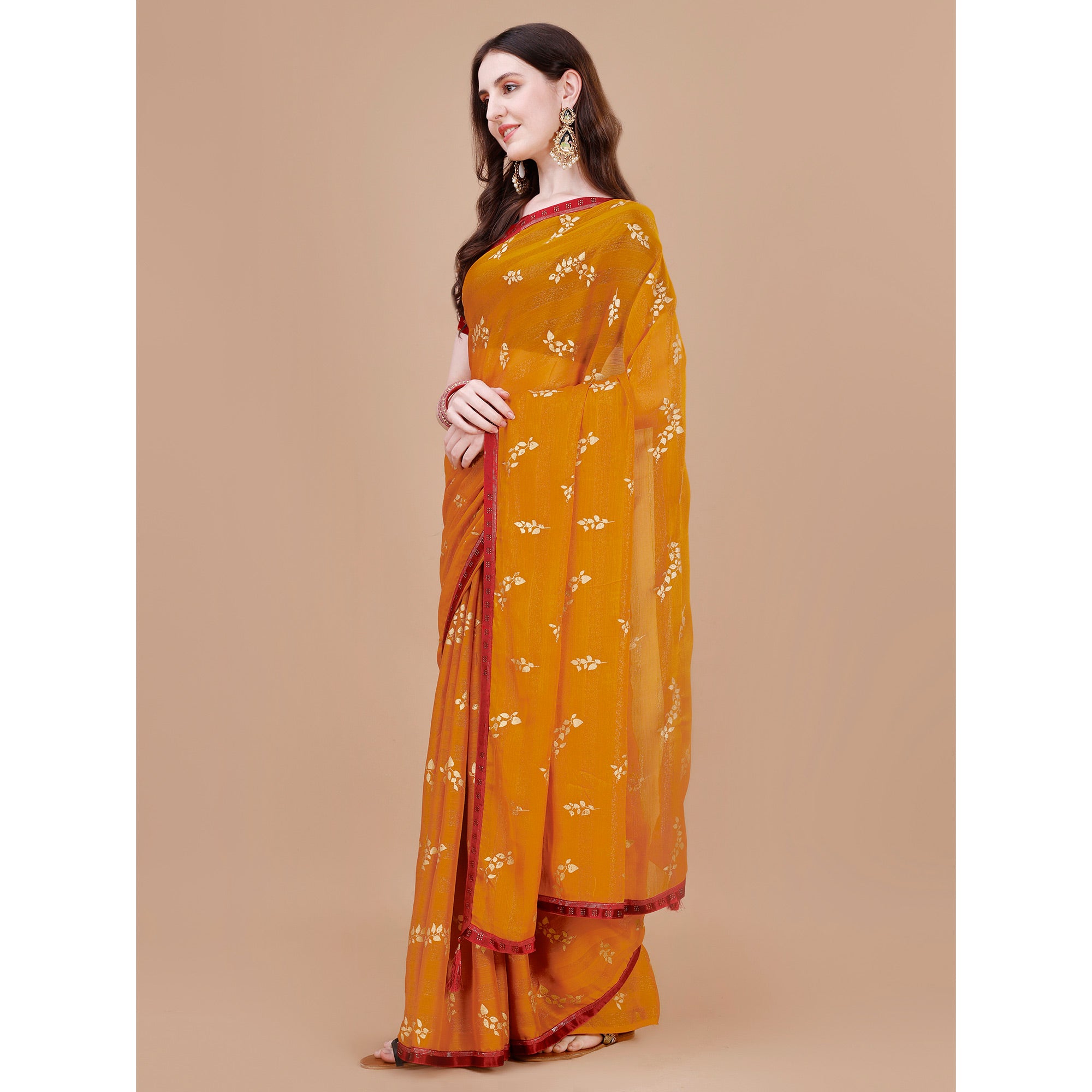 Mustard Foil Printed Chiffon Saree With Lace Border