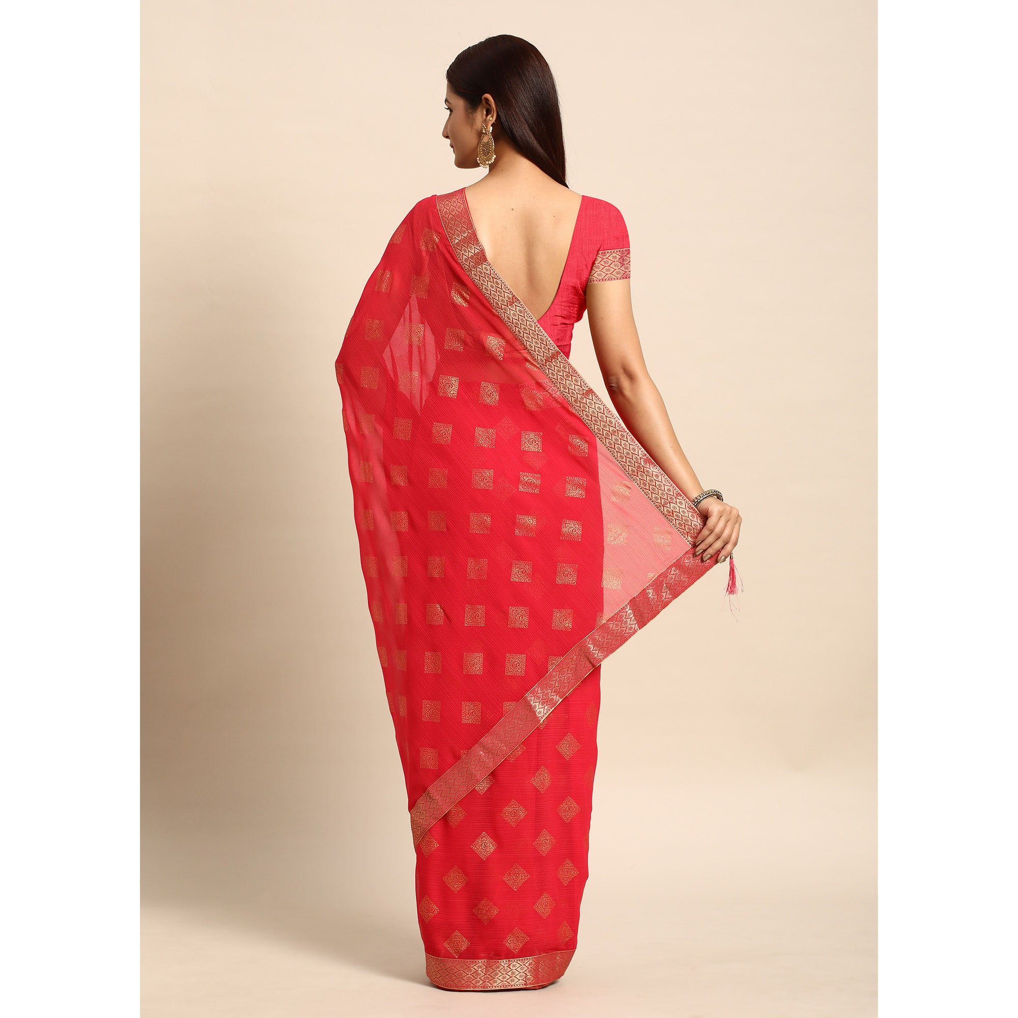 Pink Foil Printed Chiffon Saree With Tassels