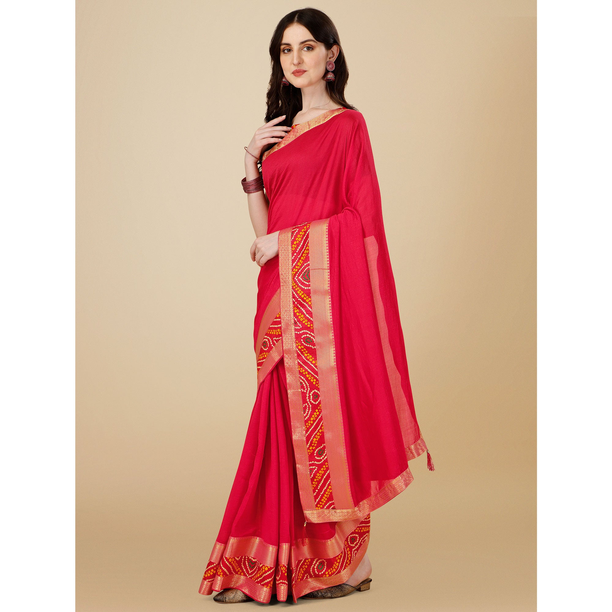 Pink Solid Vichitra Silk Saree