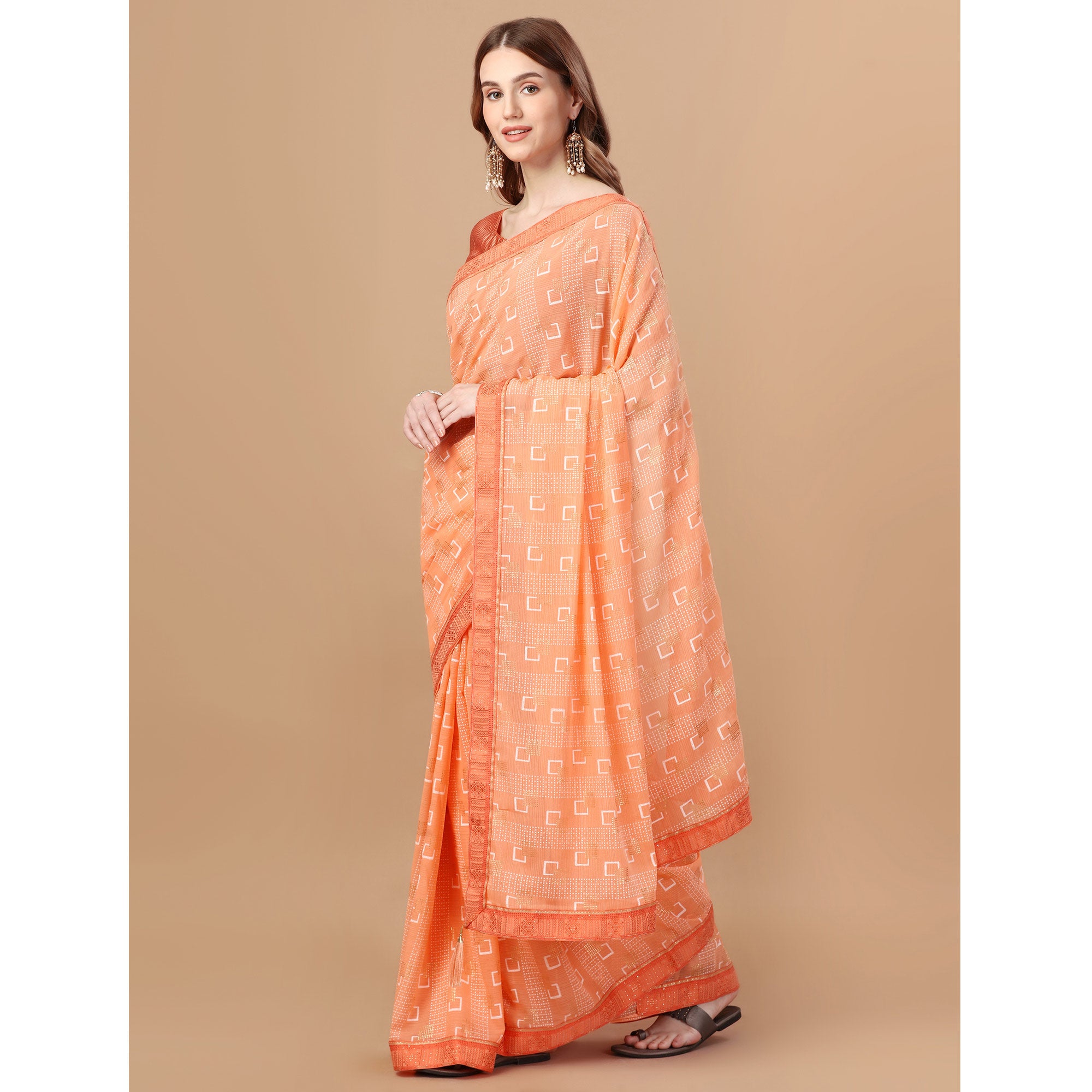 Peach Foil Printed Chiffon Saree With Lace Border