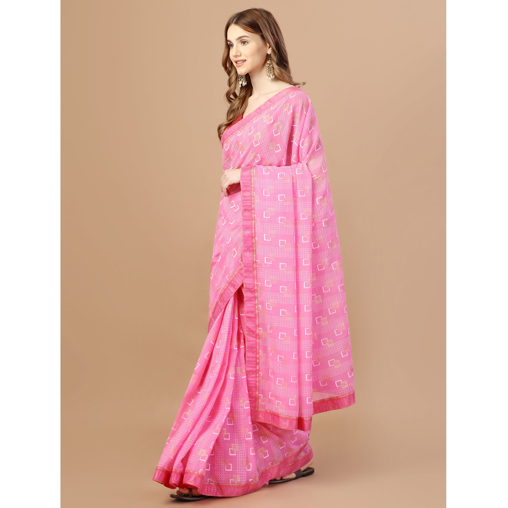 Pink Foil Printed Chiffon Saree With Lace Border