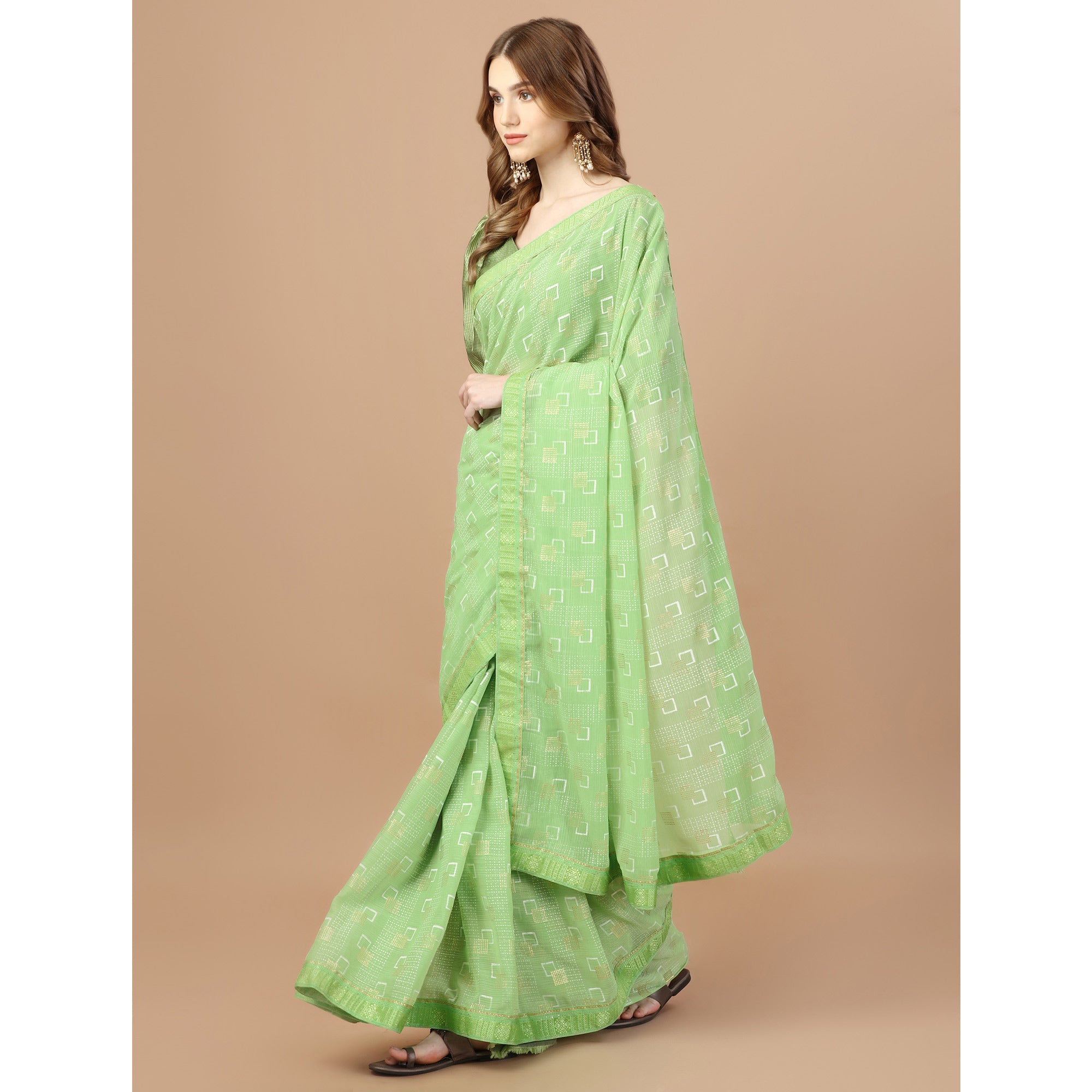 Green Foil Printed Chiffon Saree With Lace Border