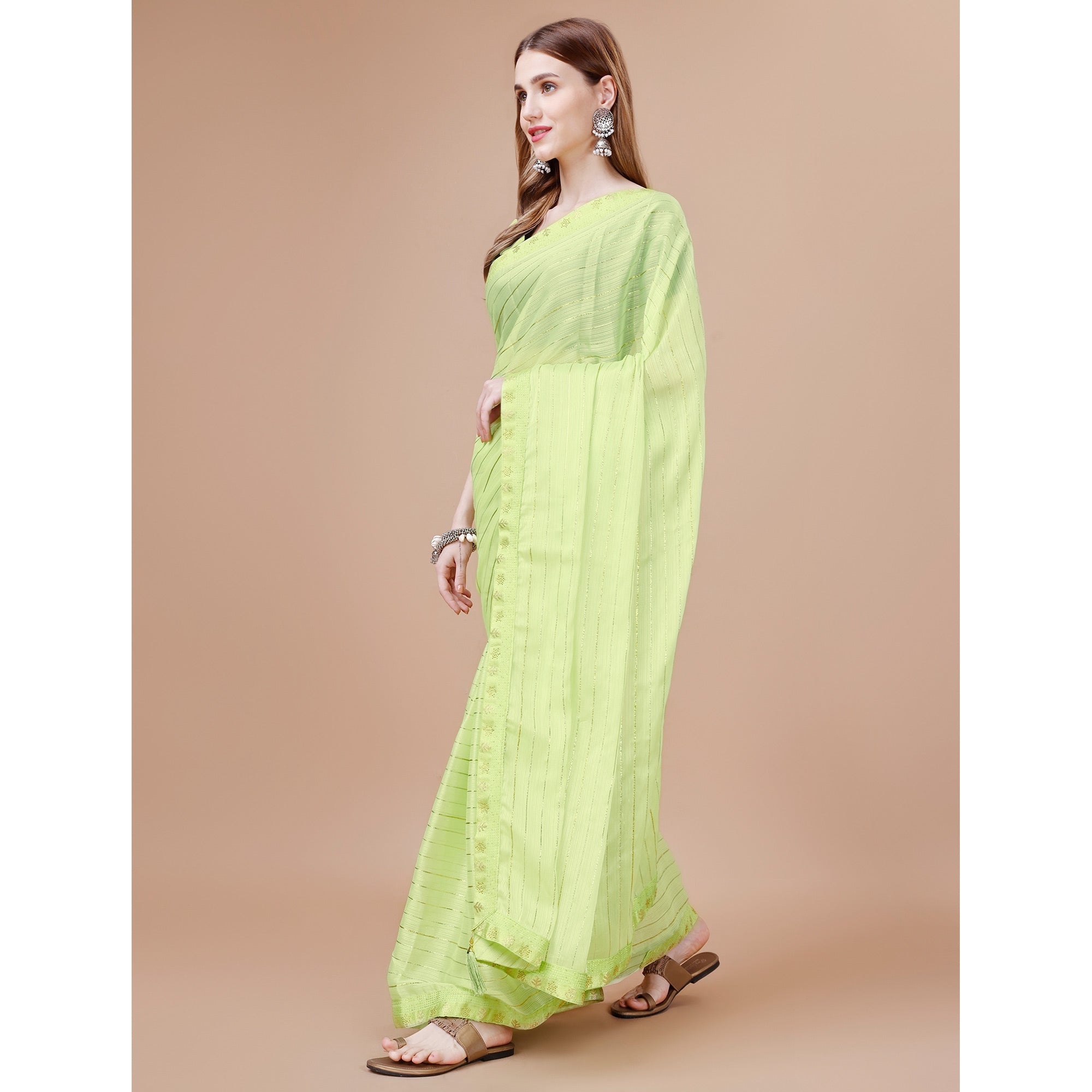 Lemon Green Zari Work Chiffon Saree