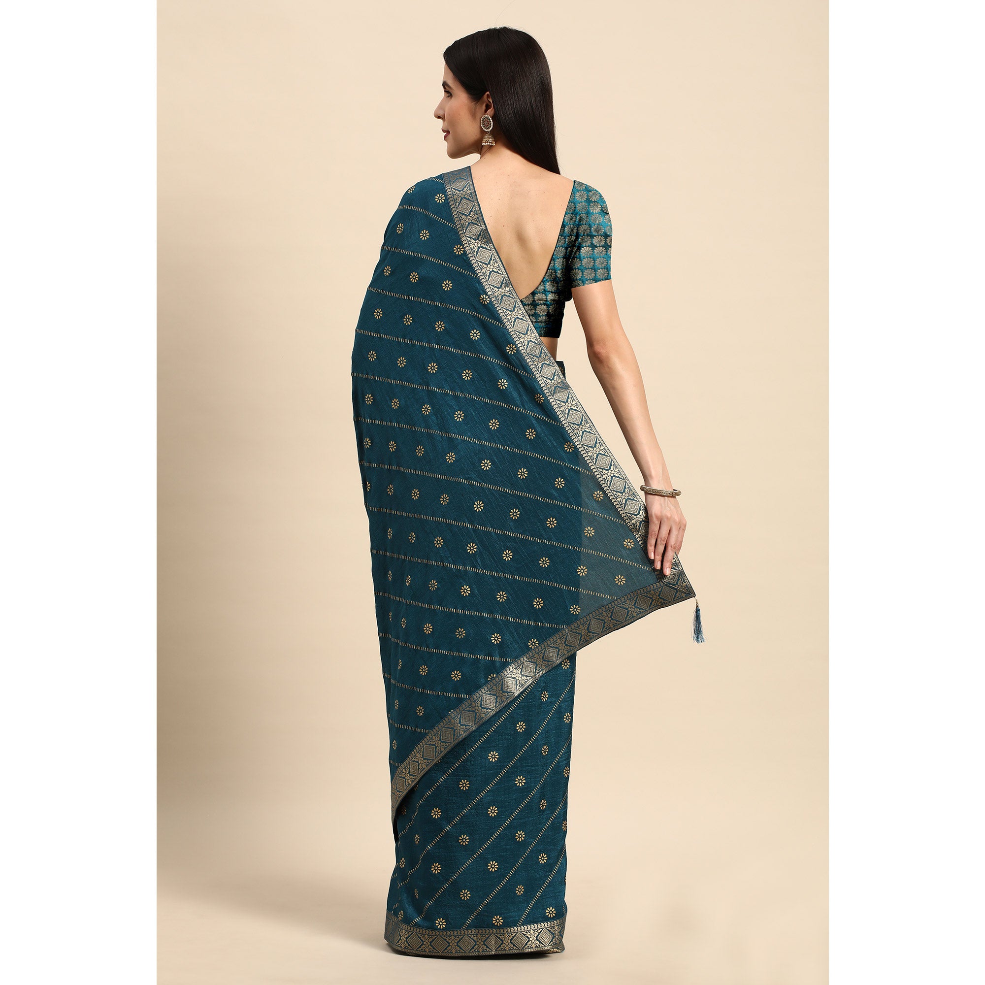 Blue Floral Foil Printed Vichitra Silk Saree