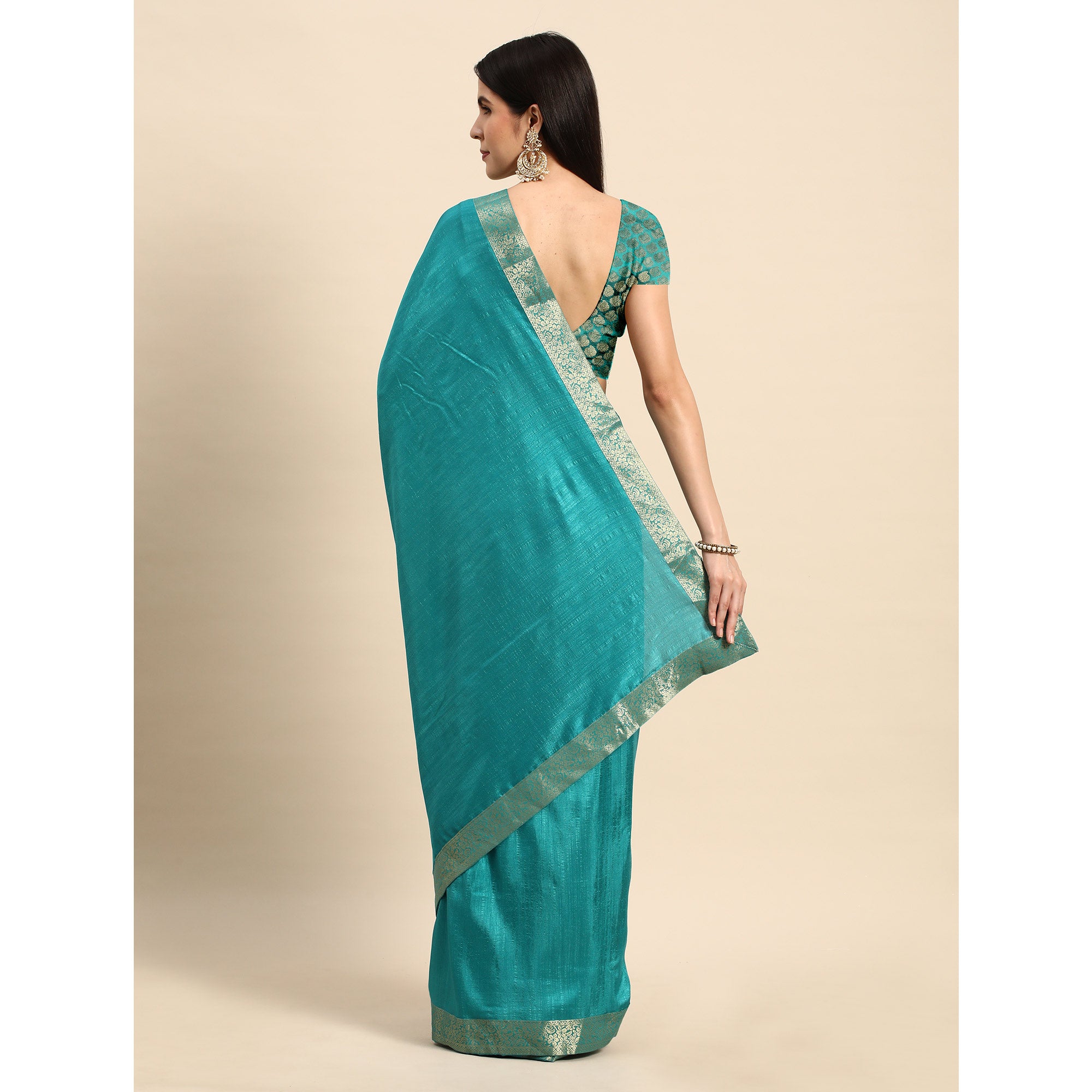 Rama Blue Solid Vichitra Silk Saree With Fancy Zari Border