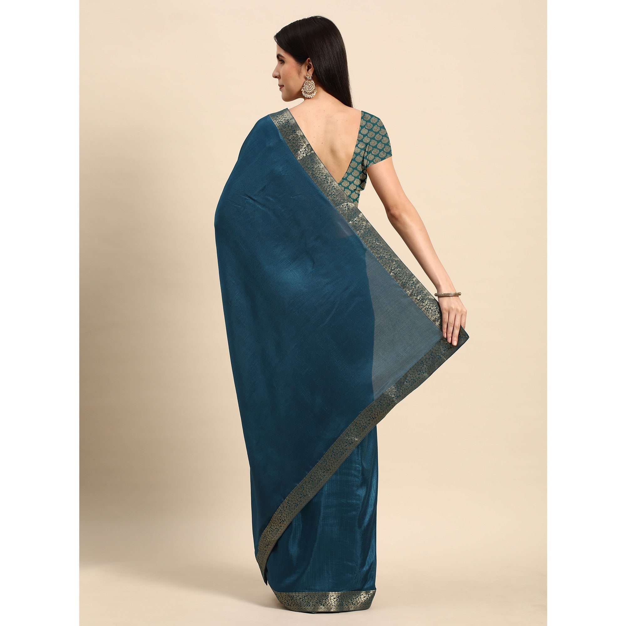 Blue Solid Vichitra Silk Saree With Fancy Zari Border
