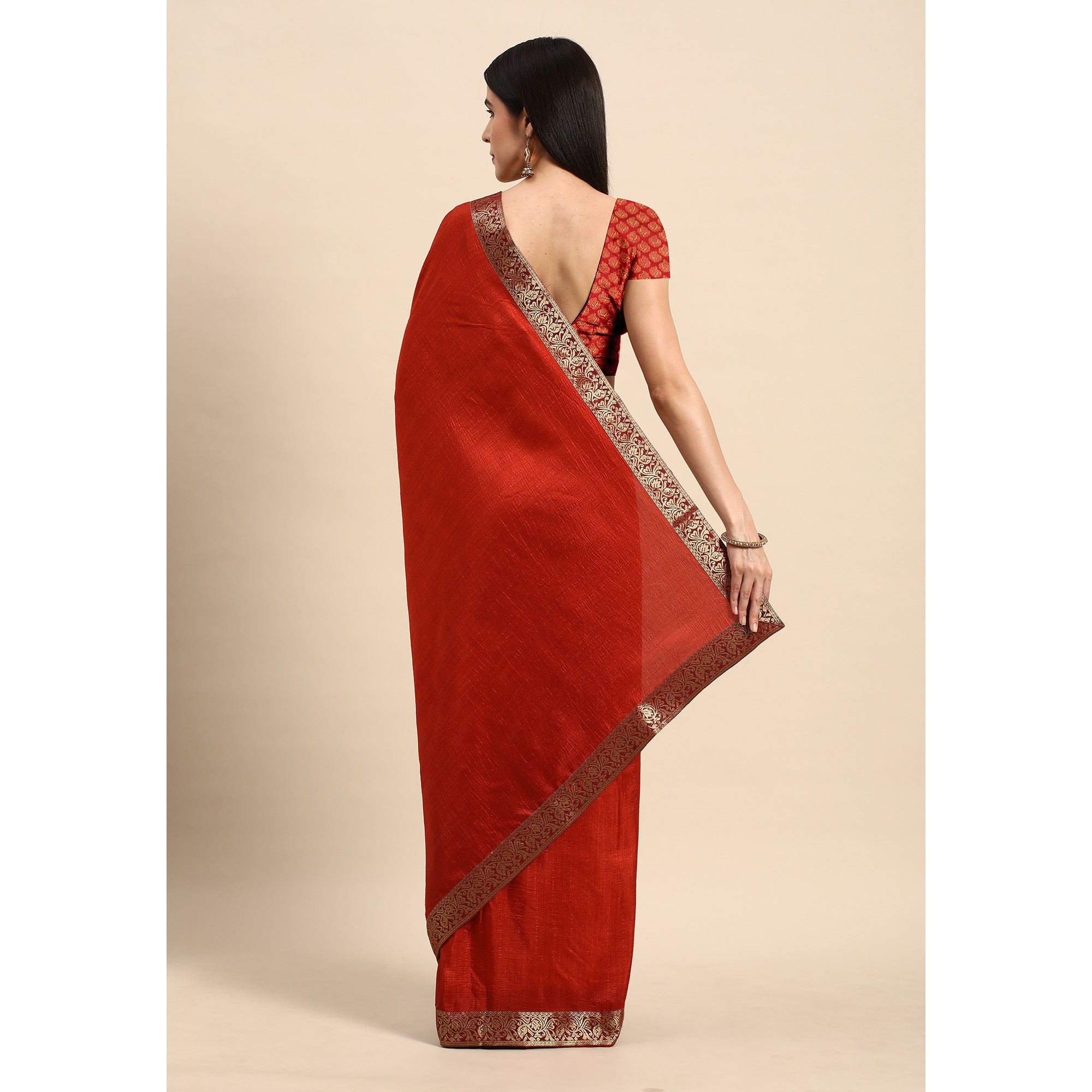 Rust Solid Vichitra Silk Saree With Fancy Zari Border