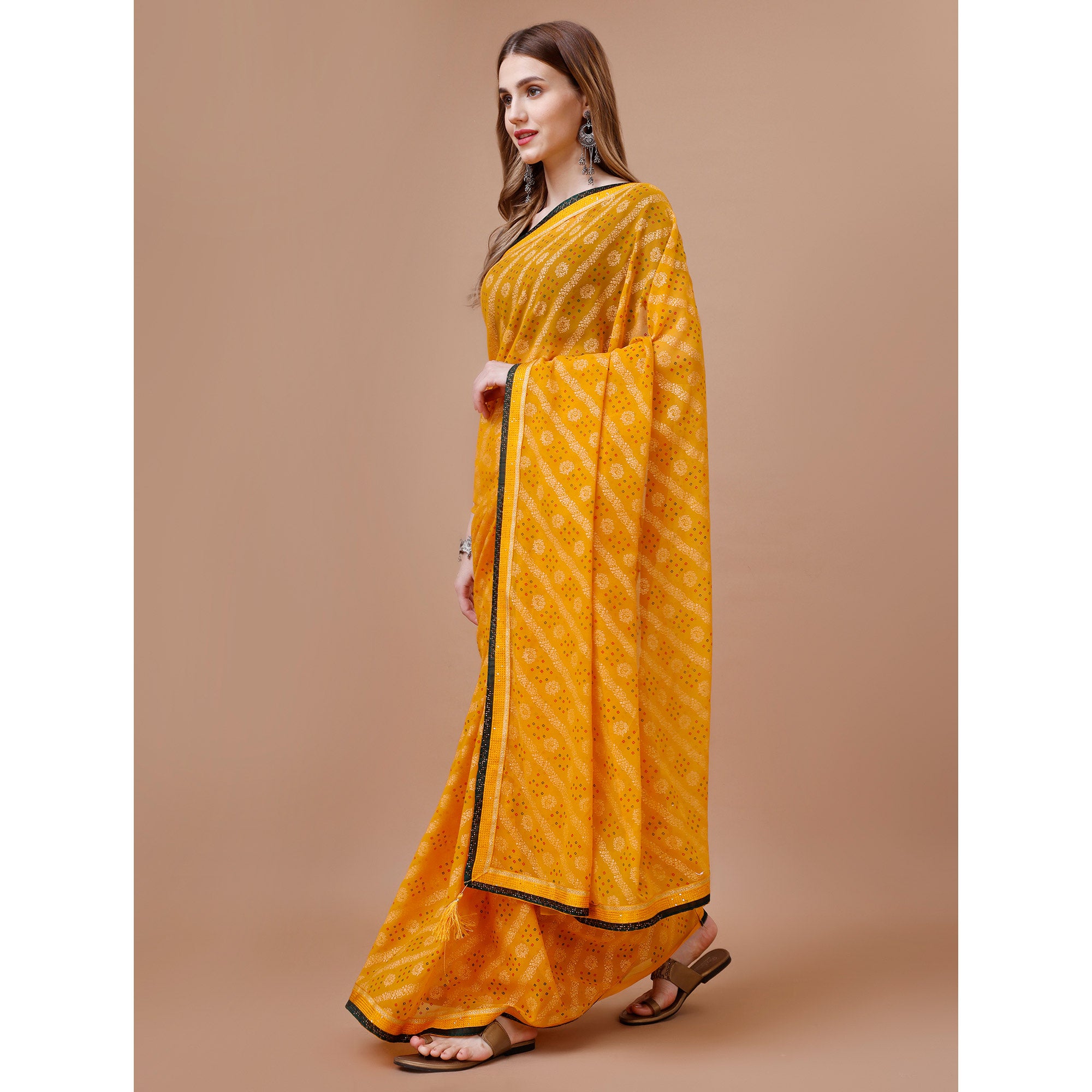 Yellow Floral Foil Printed Chiffon Saree With Lace Border