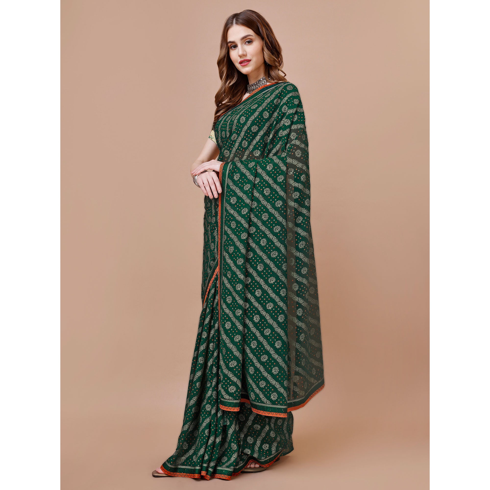 Green Floral Foil Printed Chiffon Saree With Lace Border