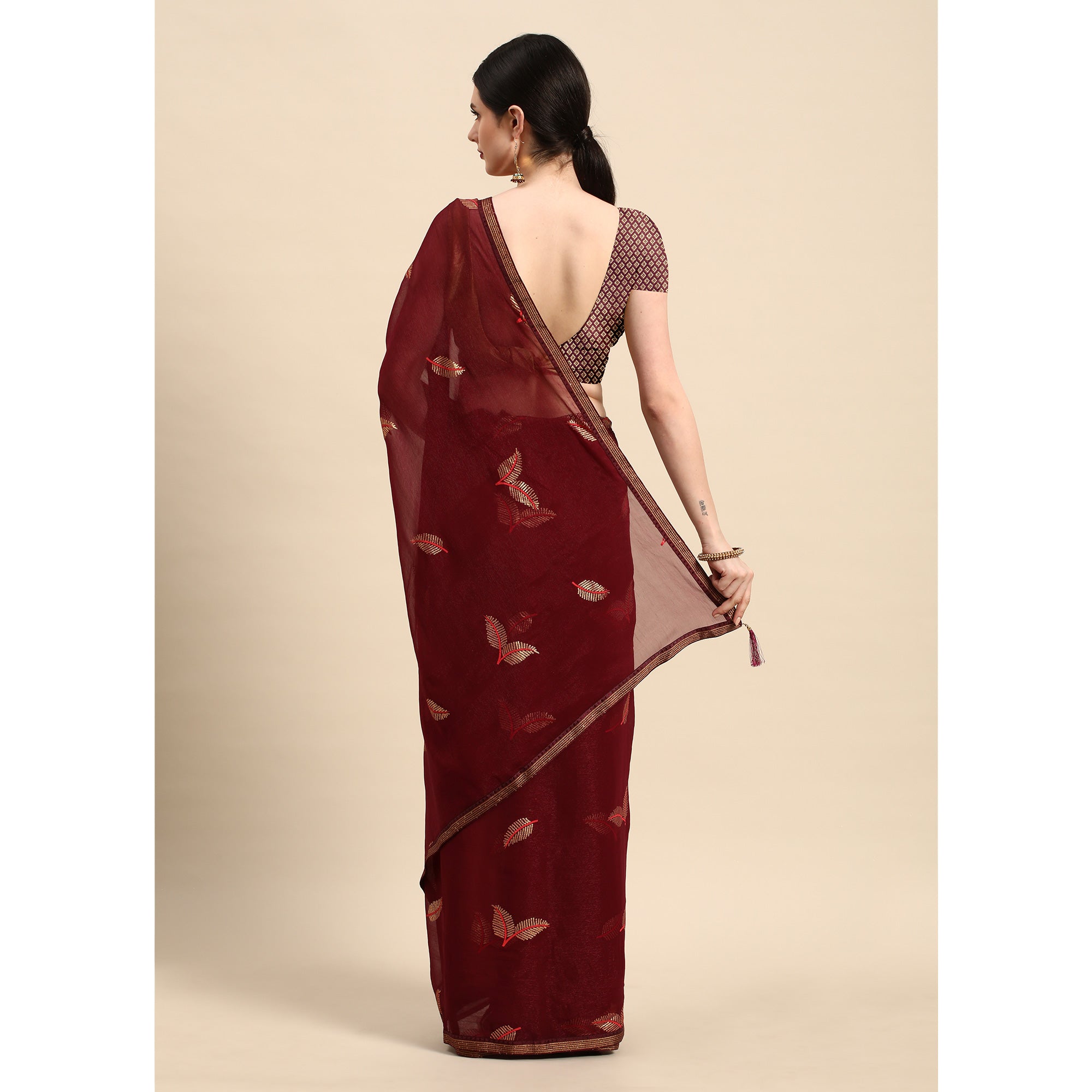 Wine Sequins Embroidered Chiffon Saree With Tassels