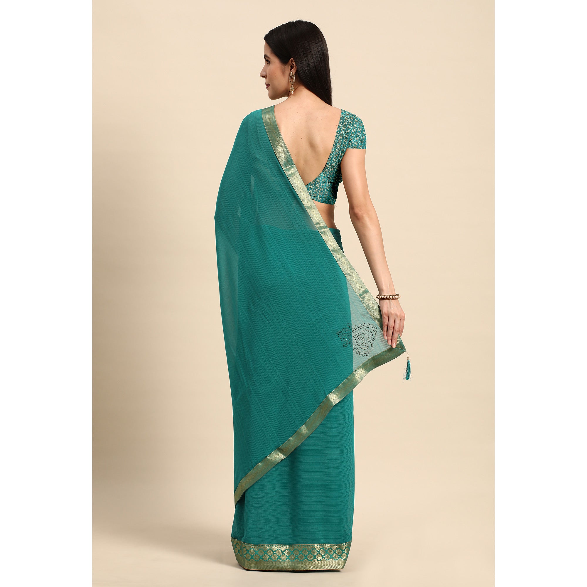 Rama Blue Swarovski Work Chiffon Saree With Zari Border
